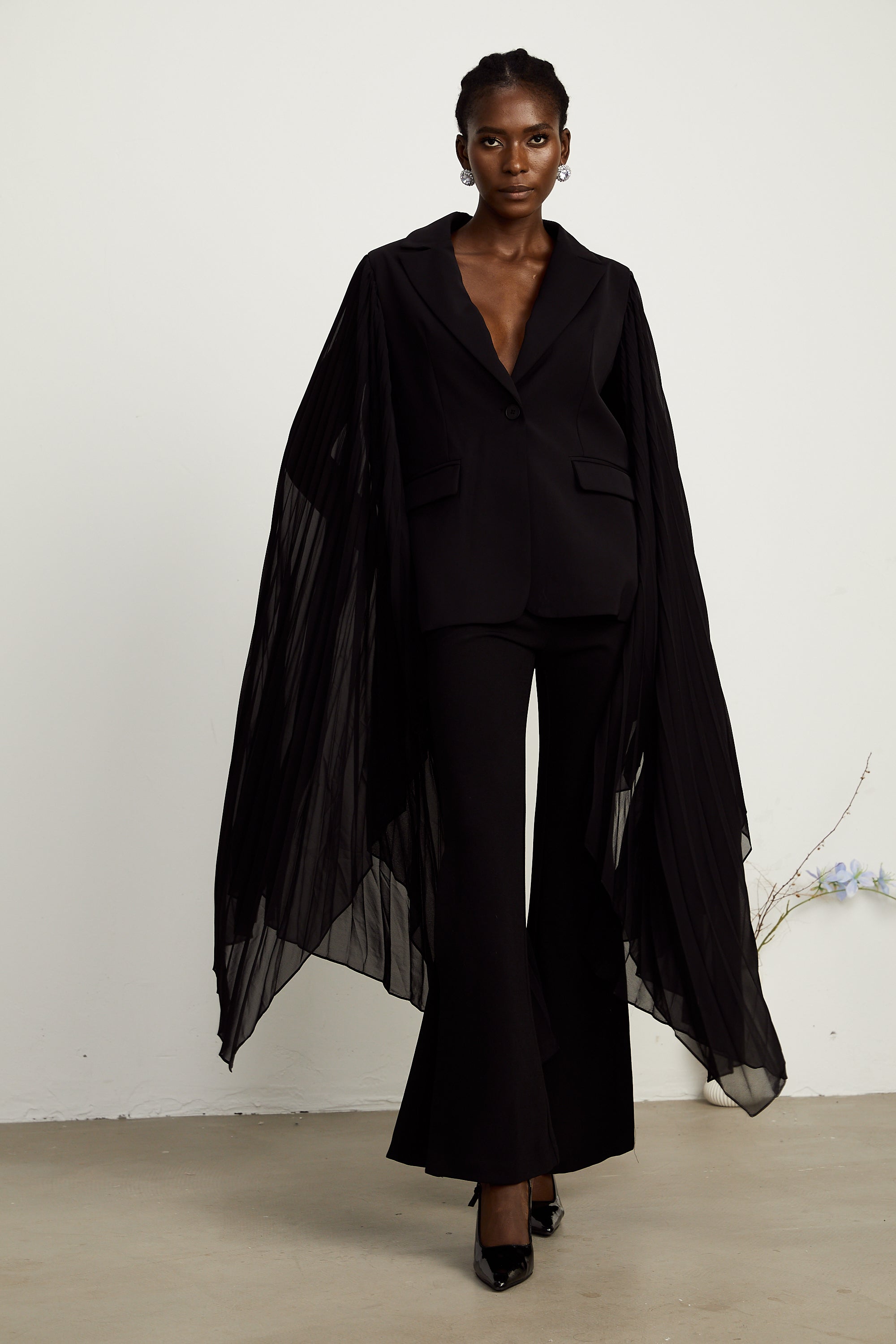 Justine black tulle-panel flared-sleeve blazer (Final Sale-US Only)
