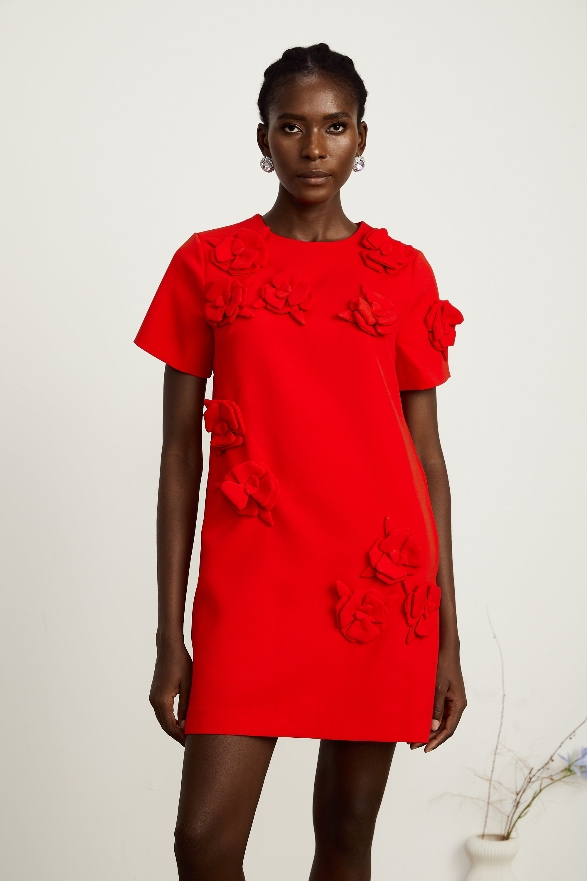 Calista red floral-detail short-sleeve mini dress