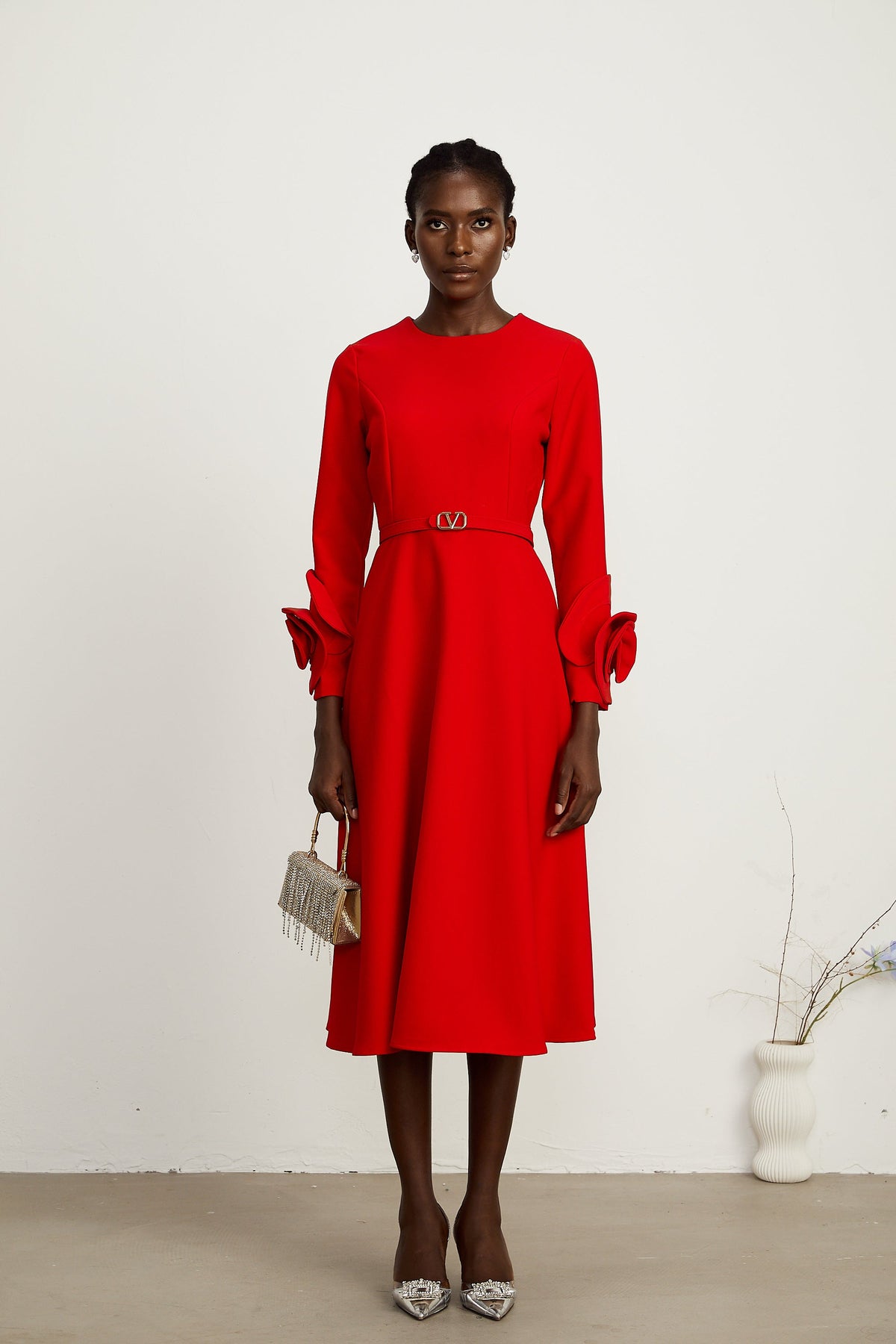 Aurelia red long-sleeve dress with floral embellishments