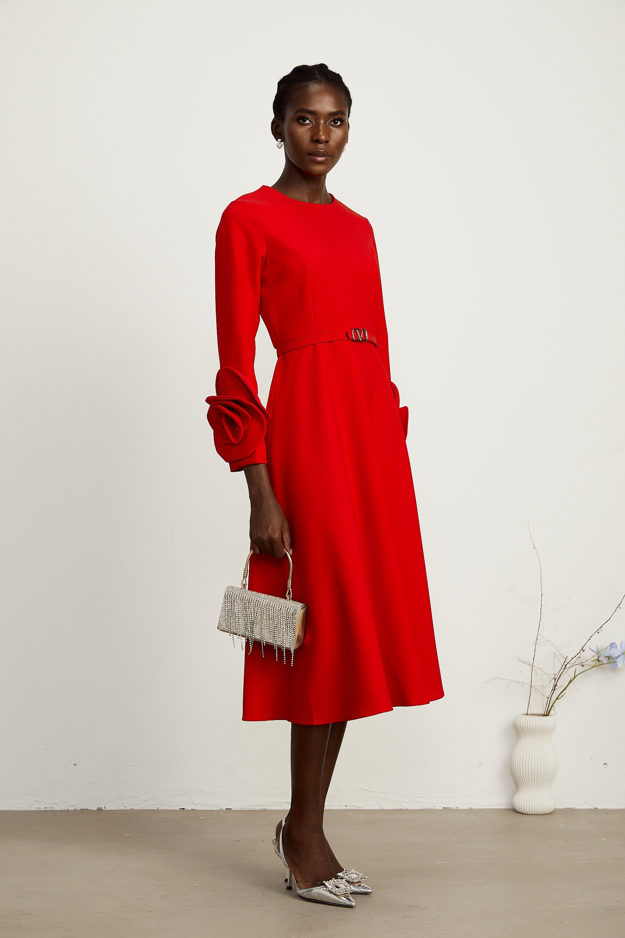 Aurelia red long-sleeve floral dress
