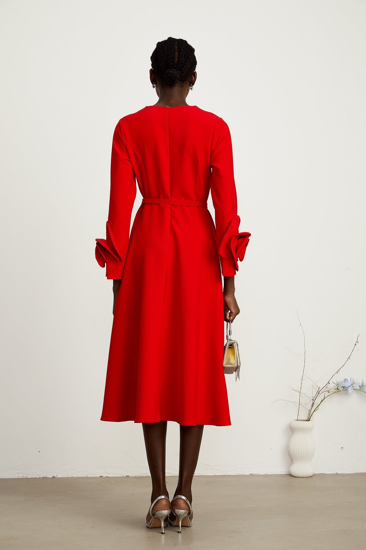 Aurelia red long-sleeve dress with floral embellishments