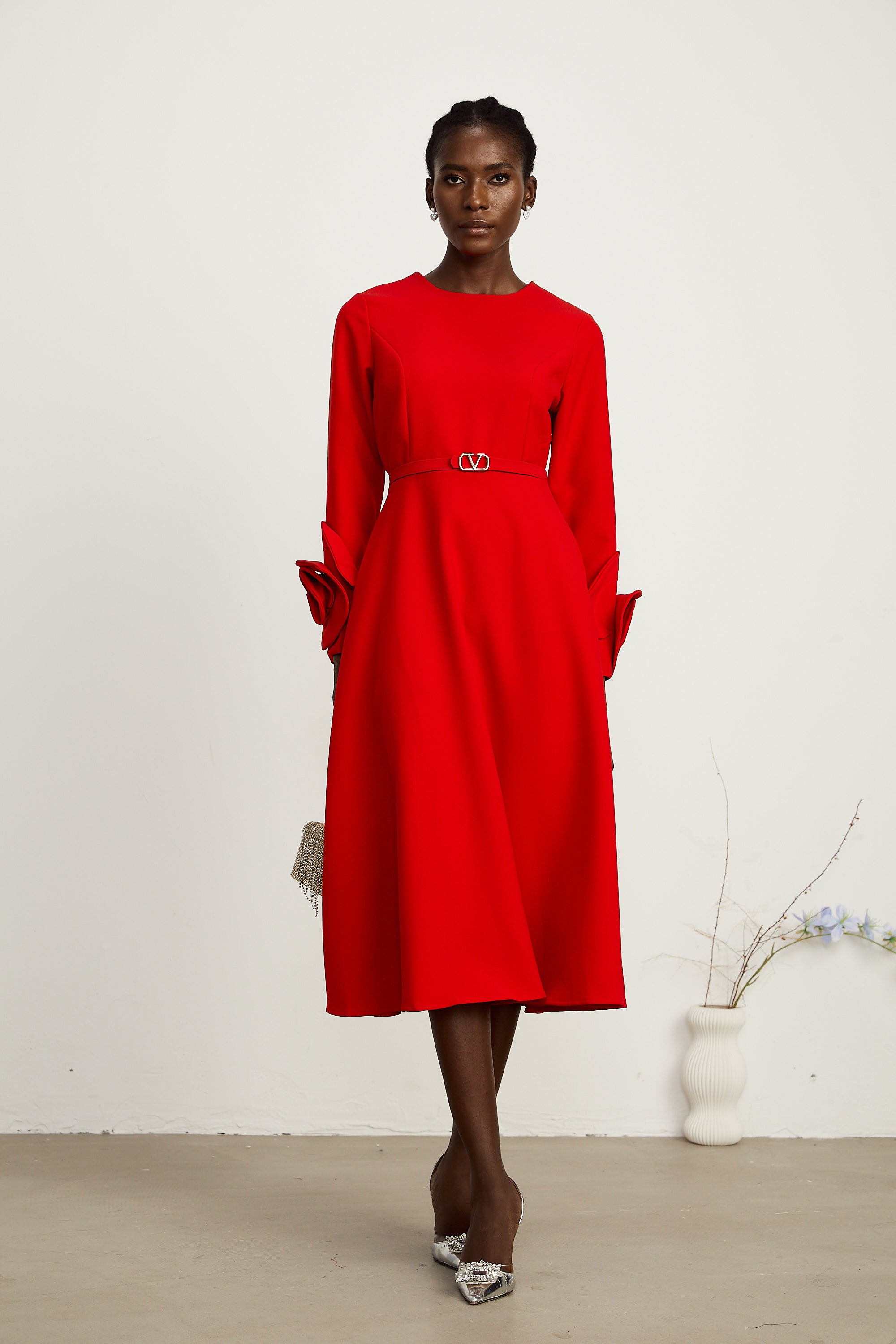 Aurelia red long-sleeve floral dress