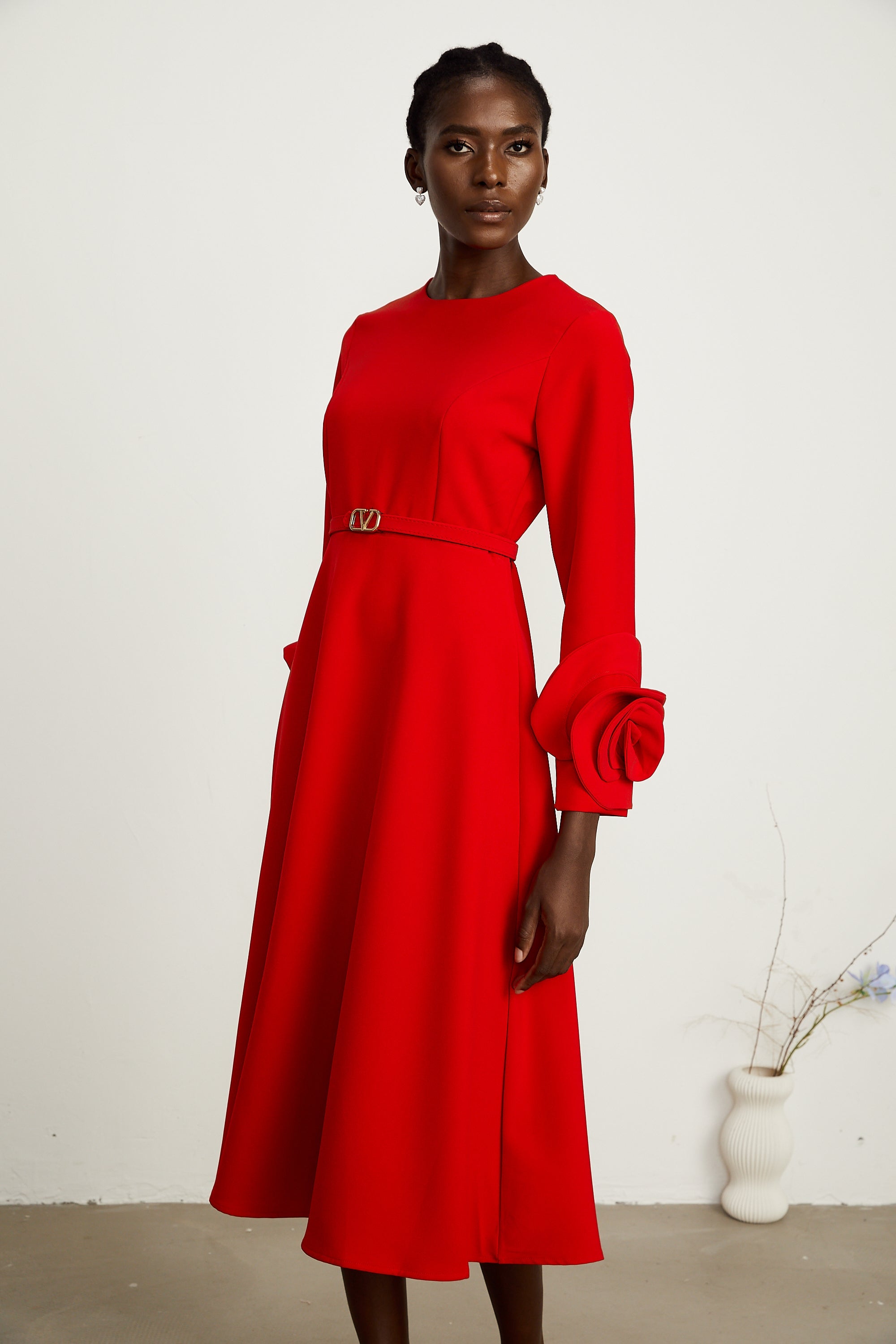 Aurelia red long-sleeve floral dress