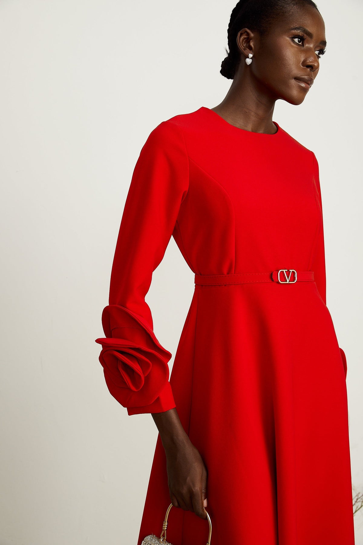 Aurelia red long-sleeve dress with floral embellishments