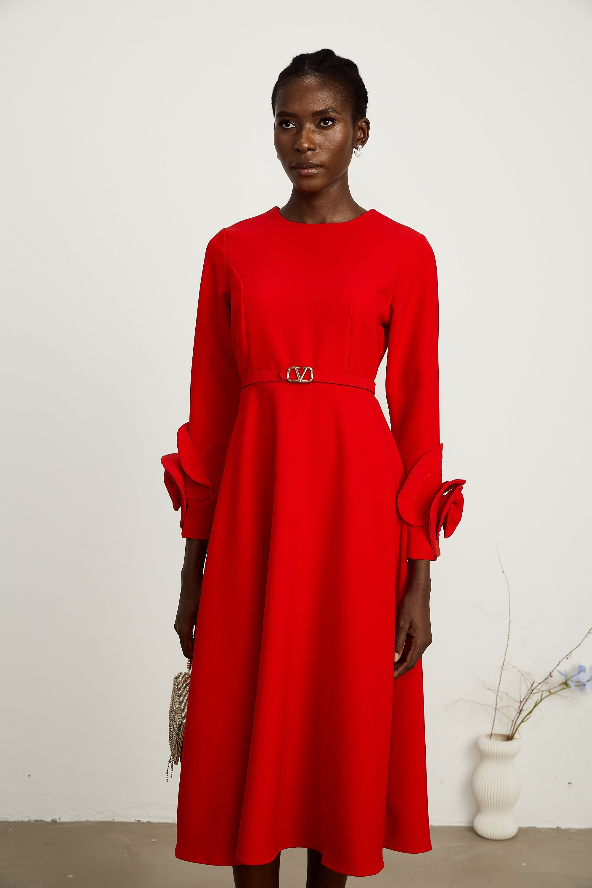 Aurelia red long-sleeve dress with floral embellishments