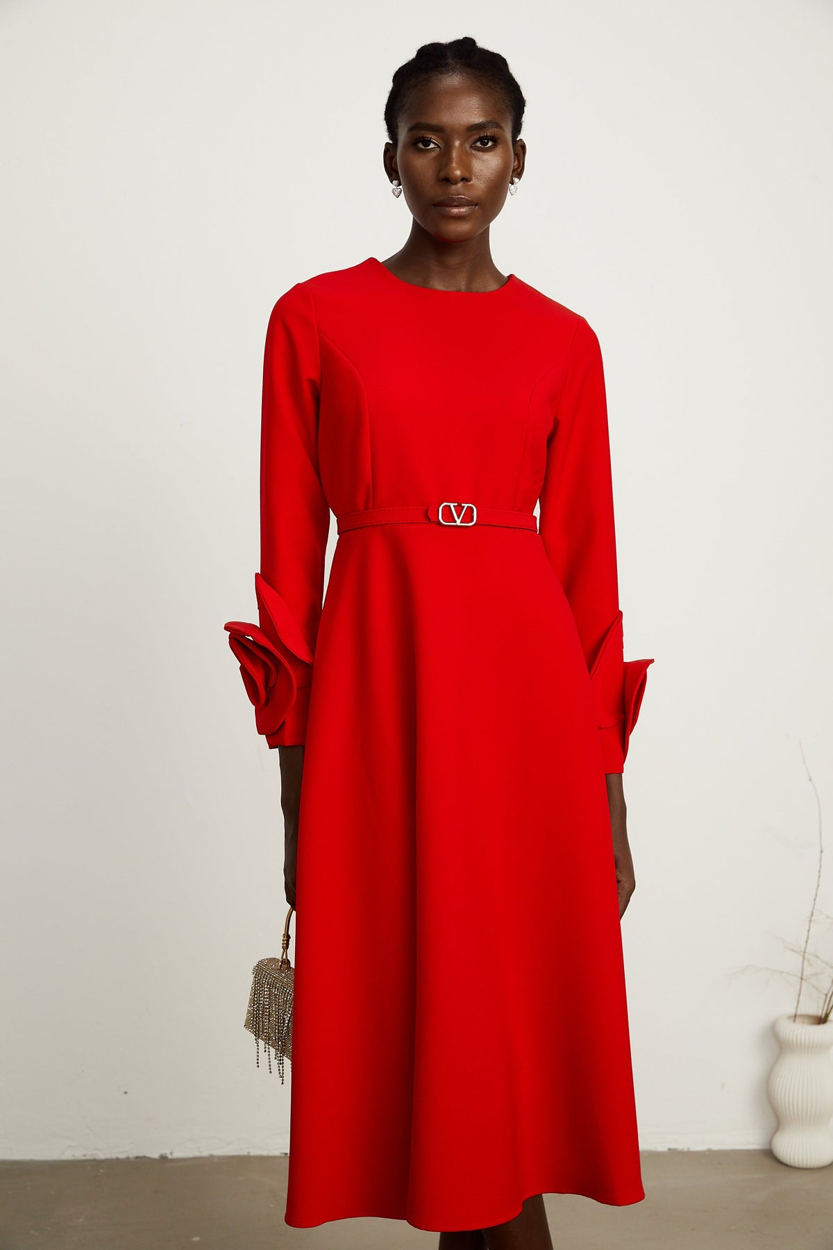 Aurelia red long-sleeve dress with floral embellishments