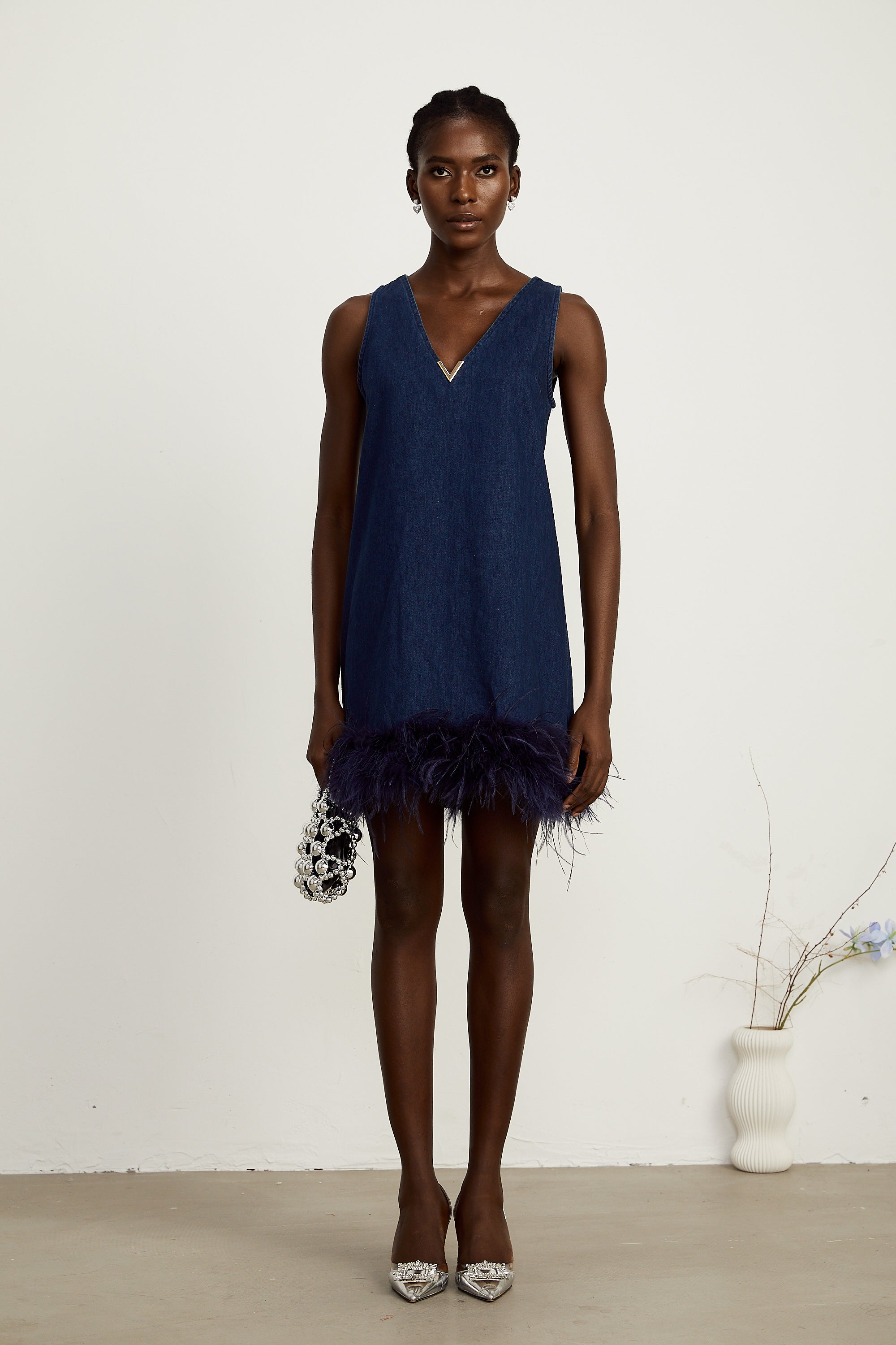 Selene blue sleeveless feather-trim denim mini dress (US Only)