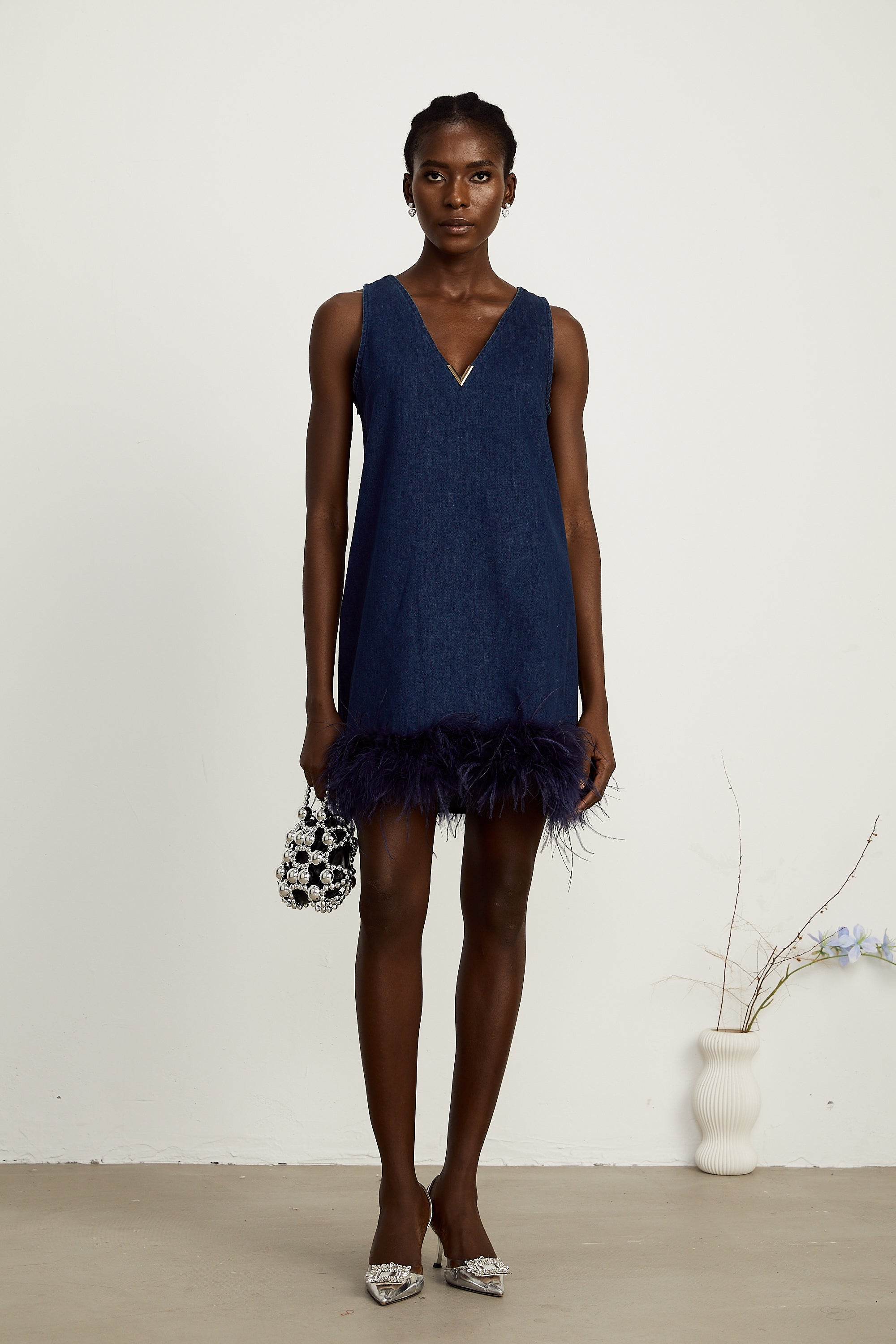 Selene blue sleeveless feather-trim denim mini dress (US Only)