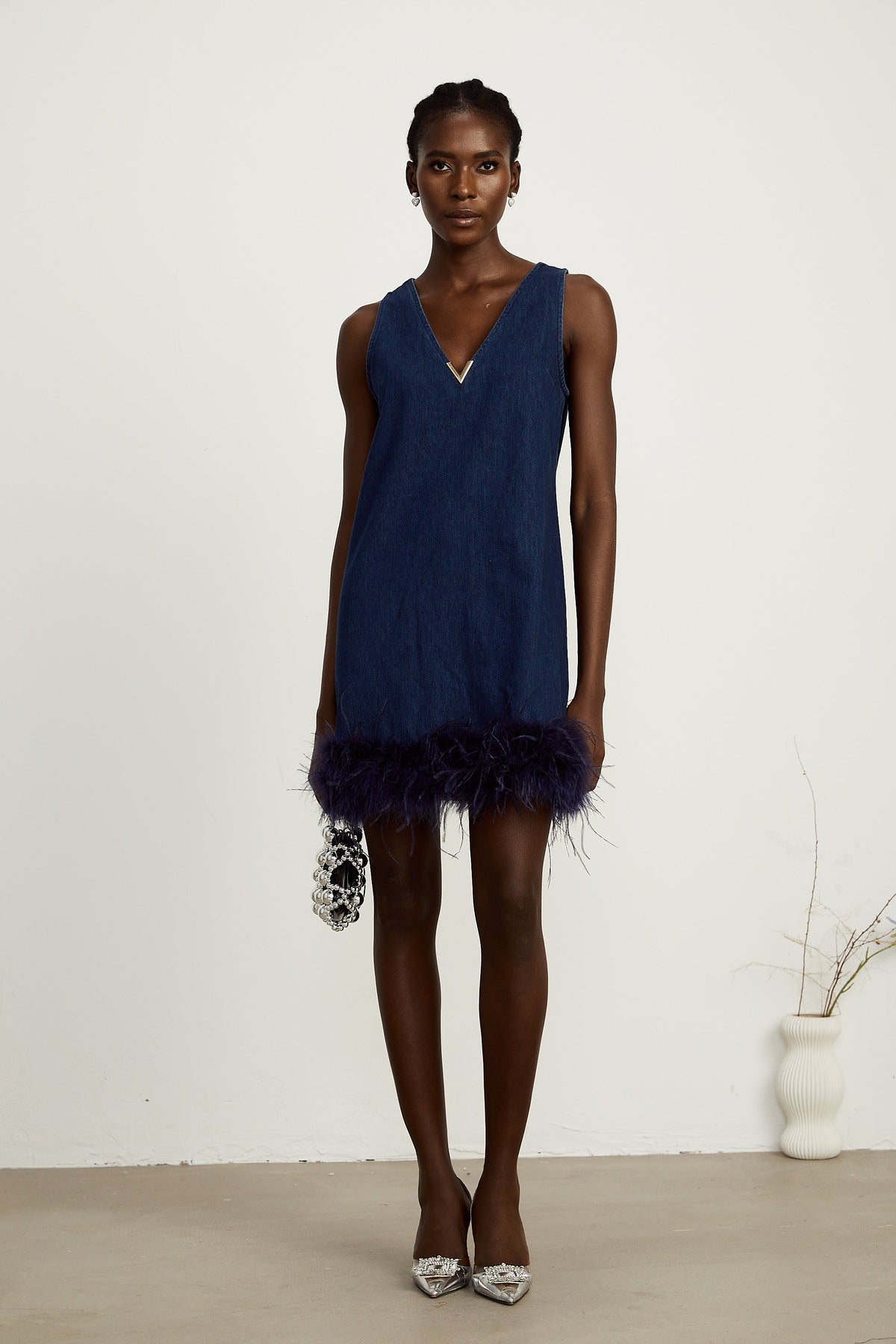 Selene blue sleeveless feather-trim denim mini dress