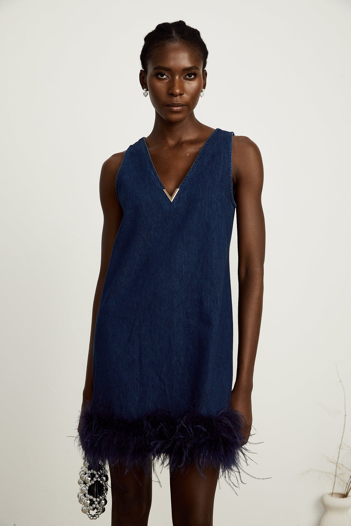 Selene blue sleeveless feather-trim denim mini dress