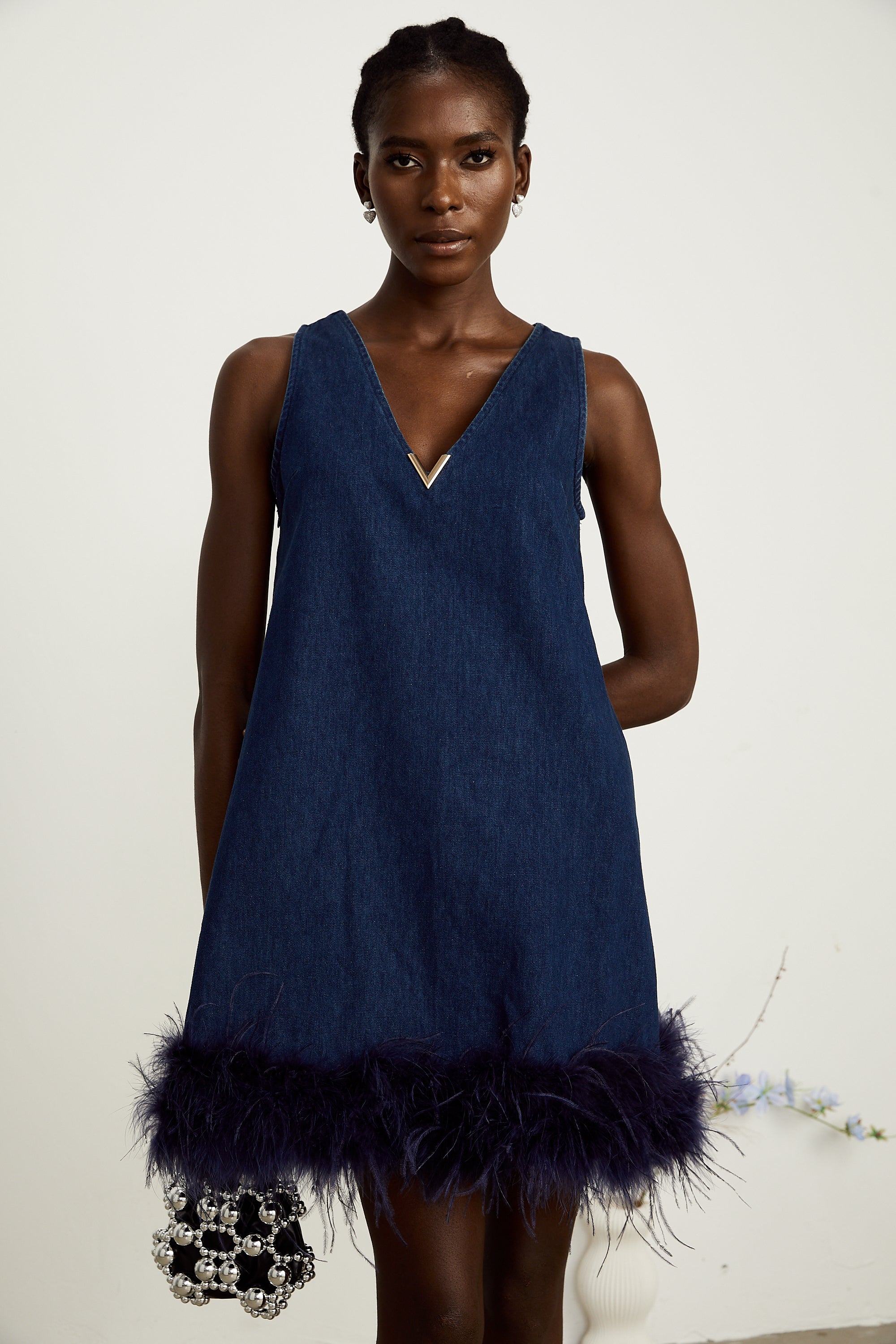 Selene blue sleeveless feather-trim denim mini dress (US Only)