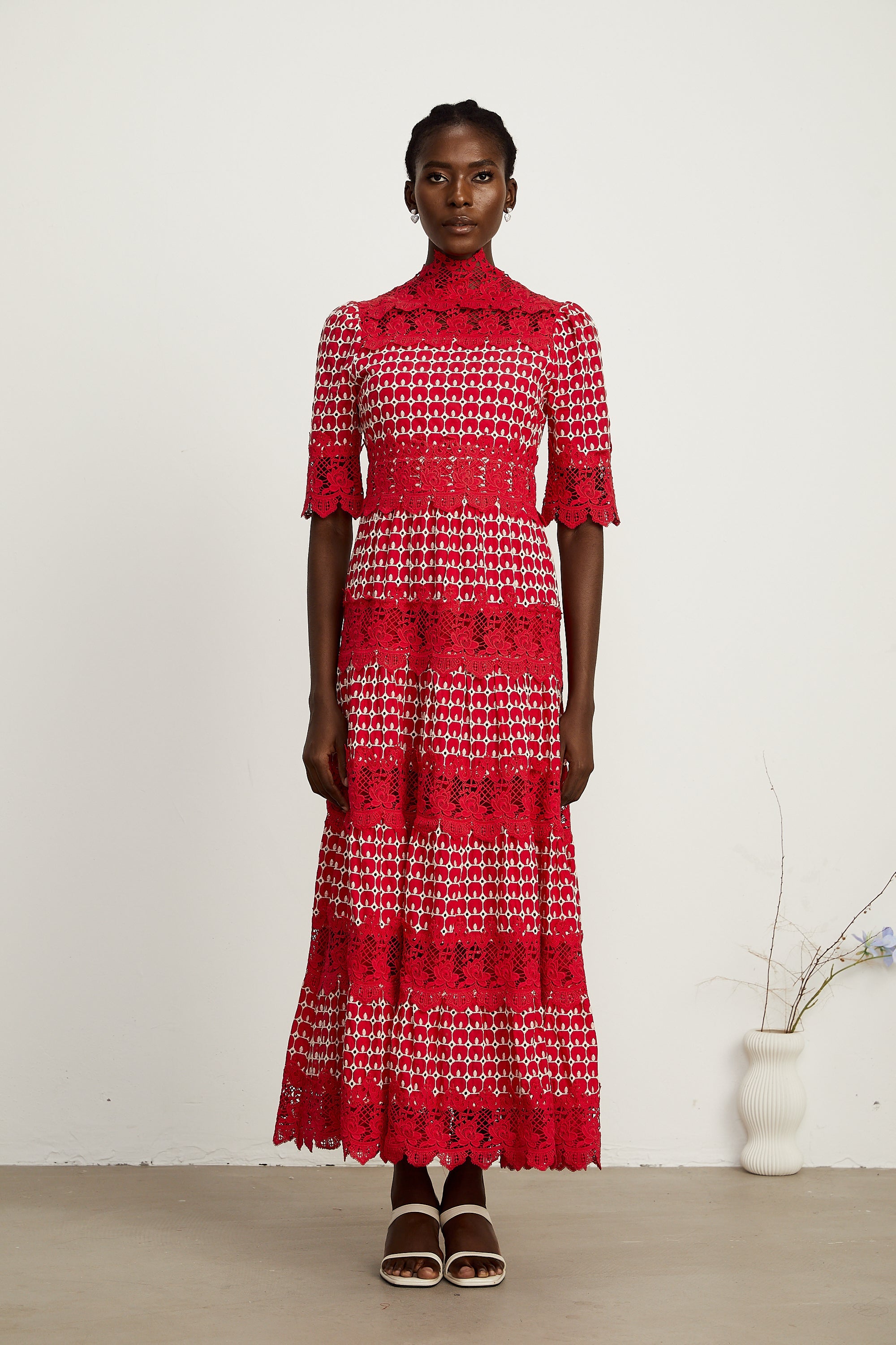 Chantal red scallop-pattern lace-panel maxi dress