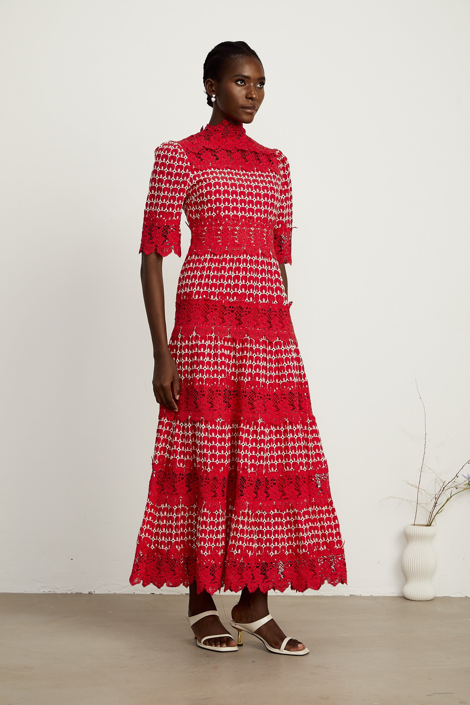 Chantal red scallop-pattern lace-panel maxi dress