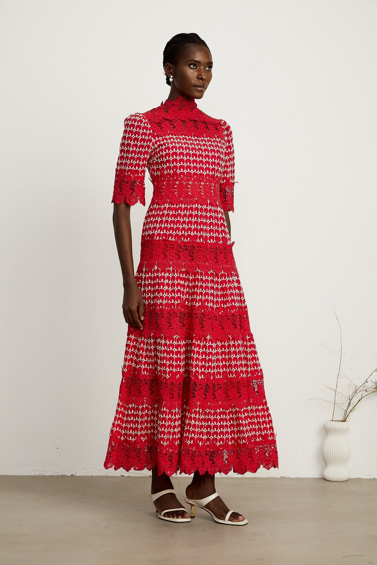Chantal red scallop-pattern lace-panel maxi dress