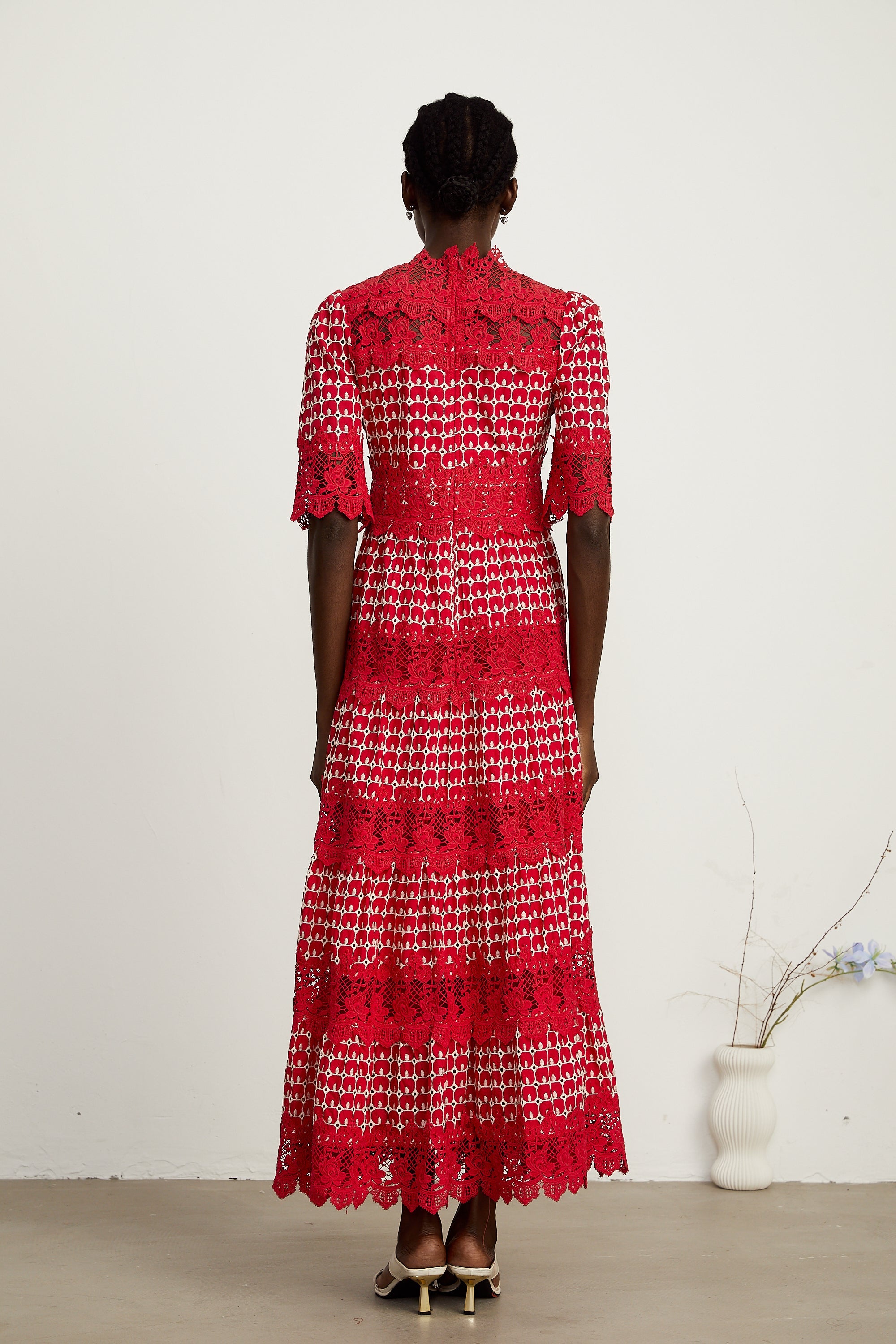 Chantal red scallop-pattern lace-panel maxi dress (Final Sale-US Only)