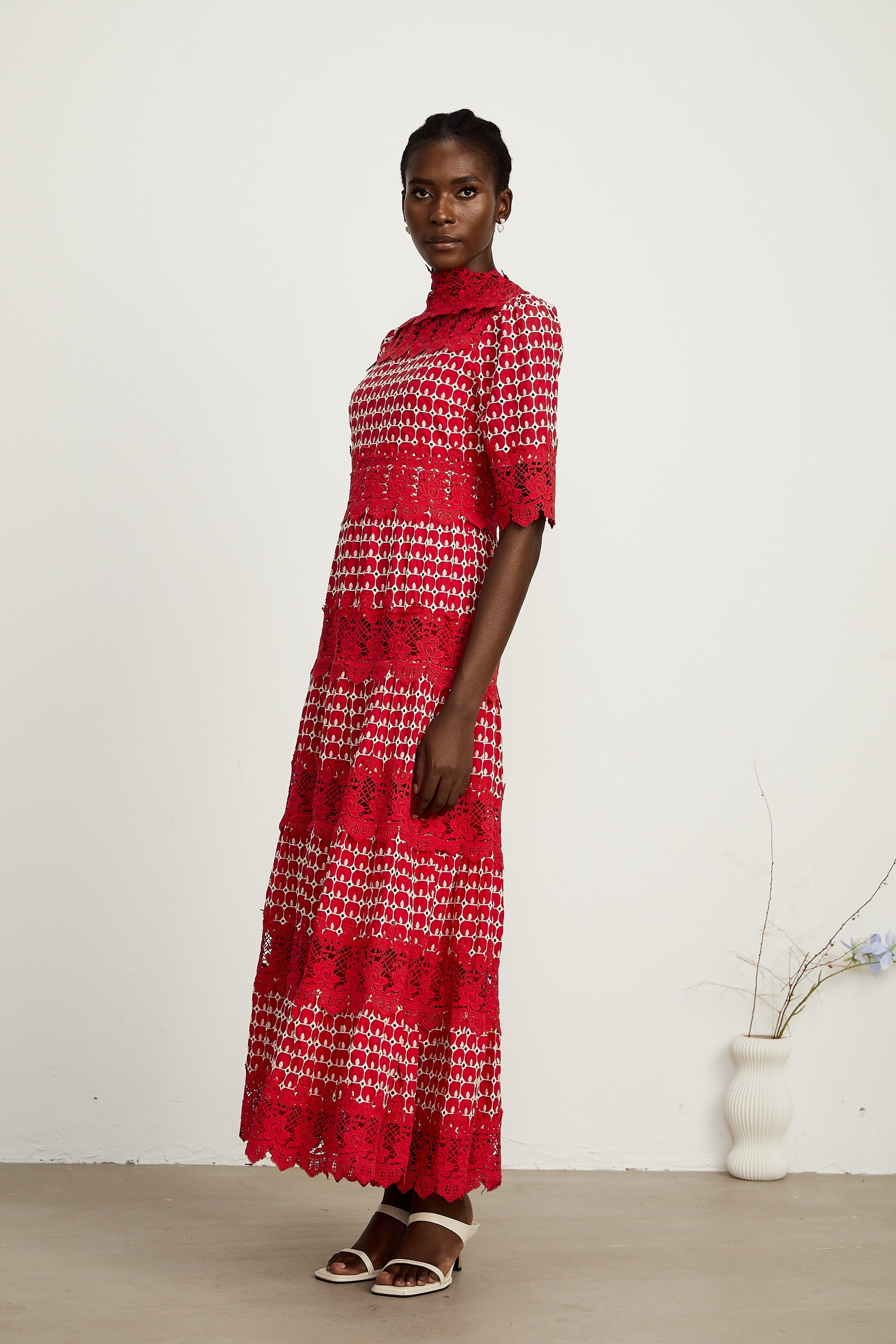 Chantal red scallop-pattern lace-panel maxi dress