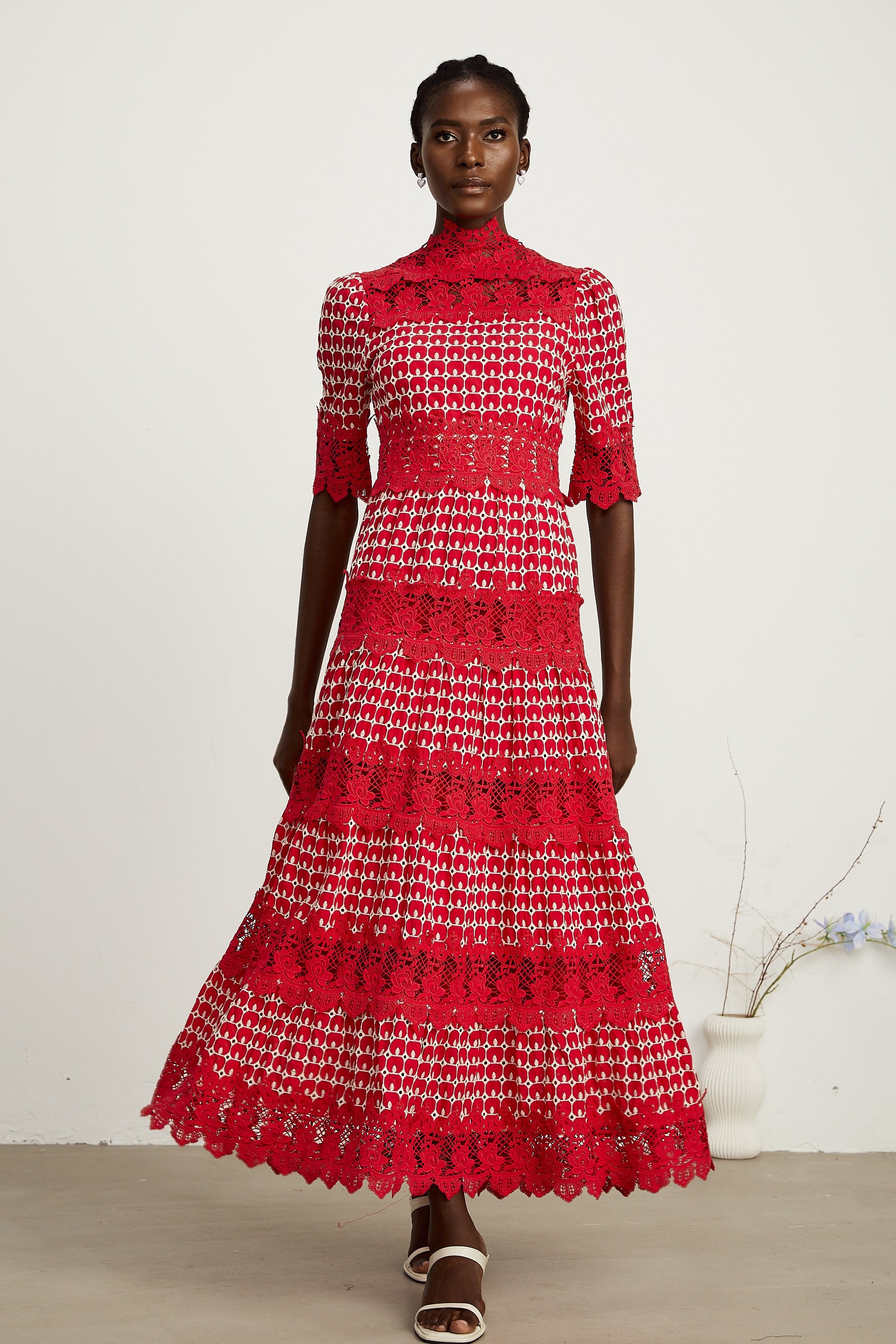 Chantal red scallop-pattern lace-panel maxi dress