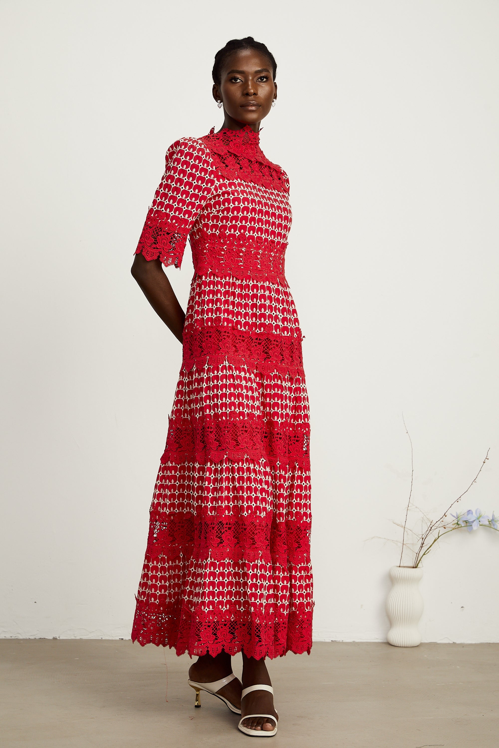 Chantal red scallop-pattern lace-panel maxi dress