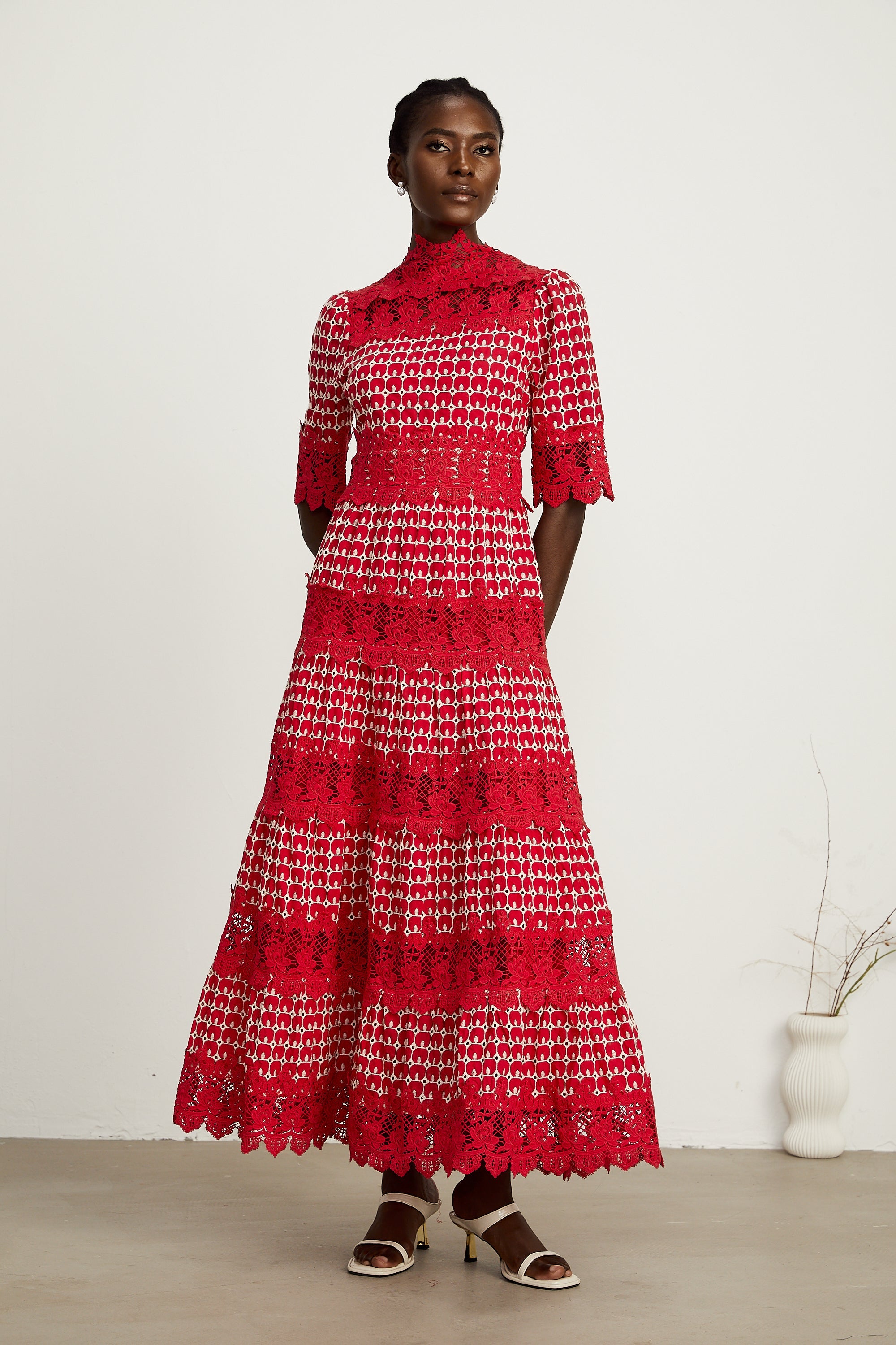 Chantal red scallop-pattern lace-panel maxi dress (Final Sale-US Only)