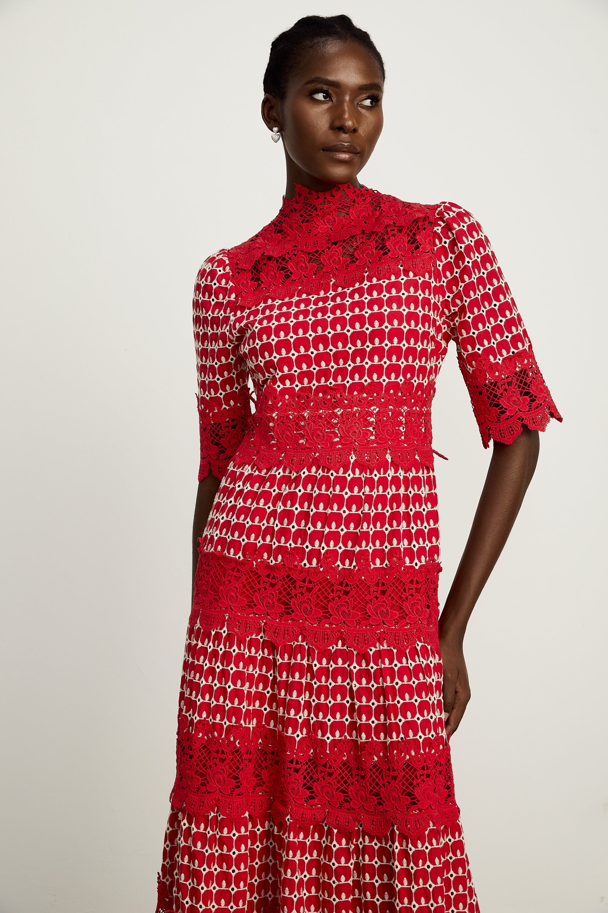 Chantal red scallop-pattern lace-panel maxi dress