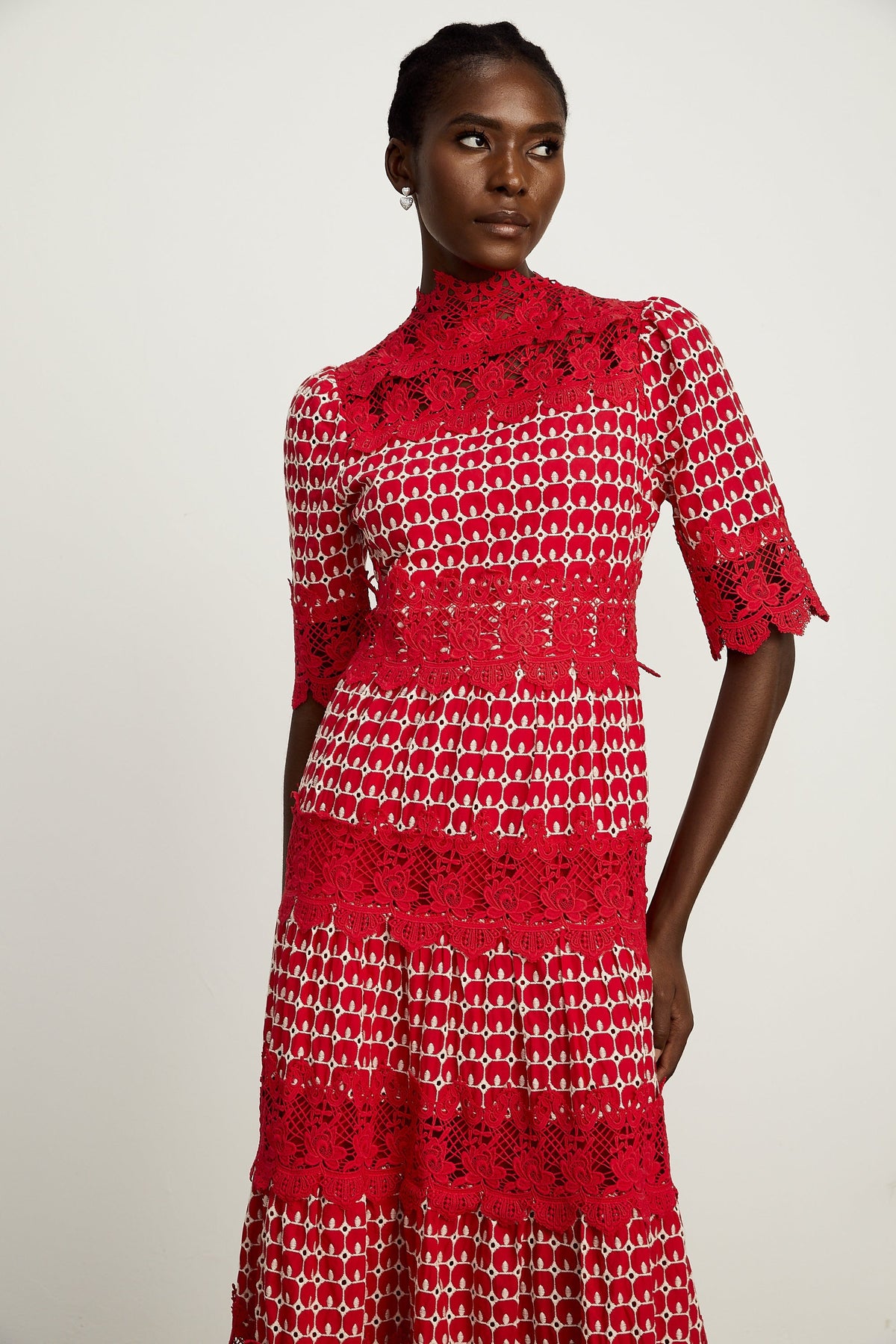 Chantal red scallop-pattern lace-panel maxi dress (Final Sale)