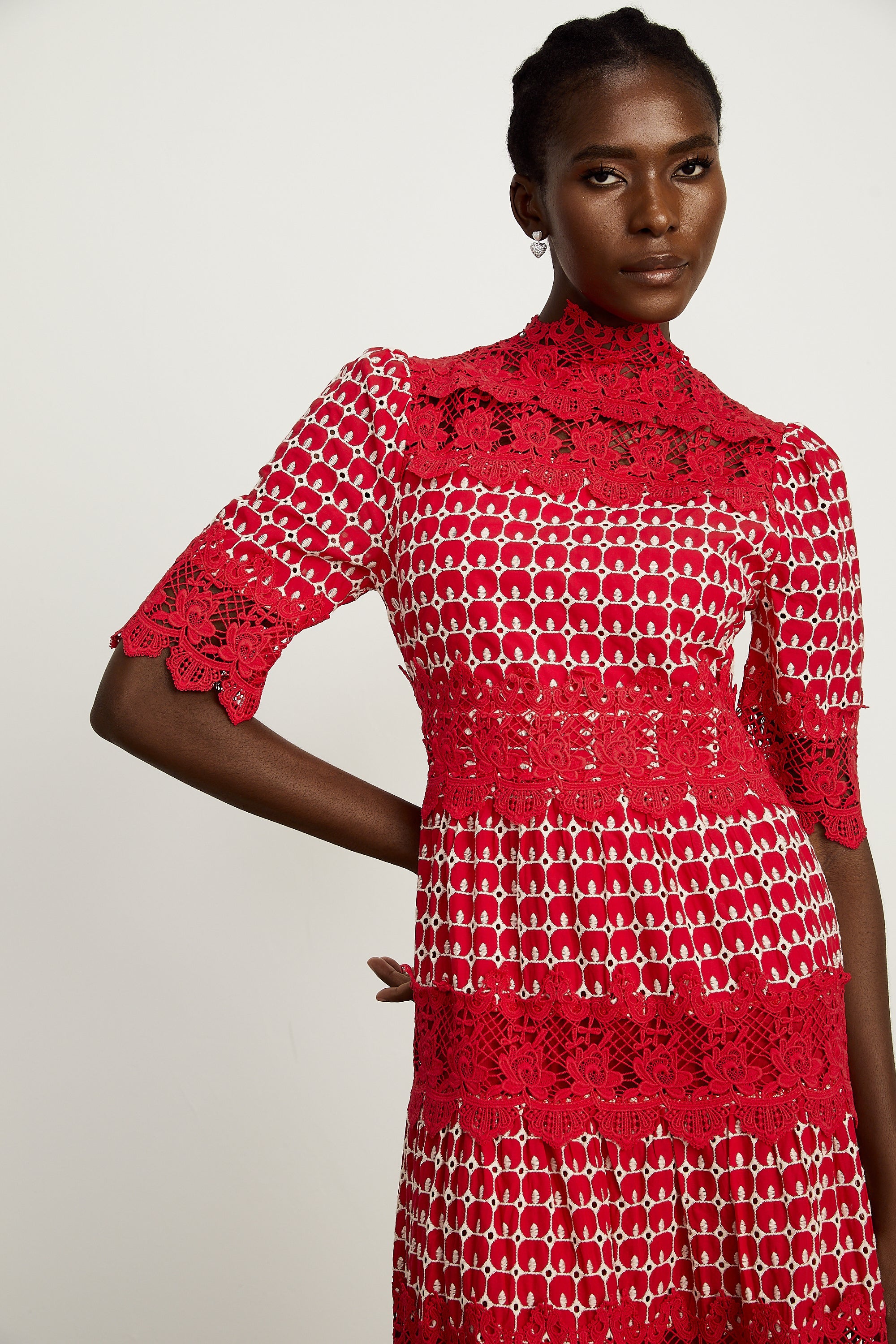 Chantal red scallop-pattern lace-panel maxi dress