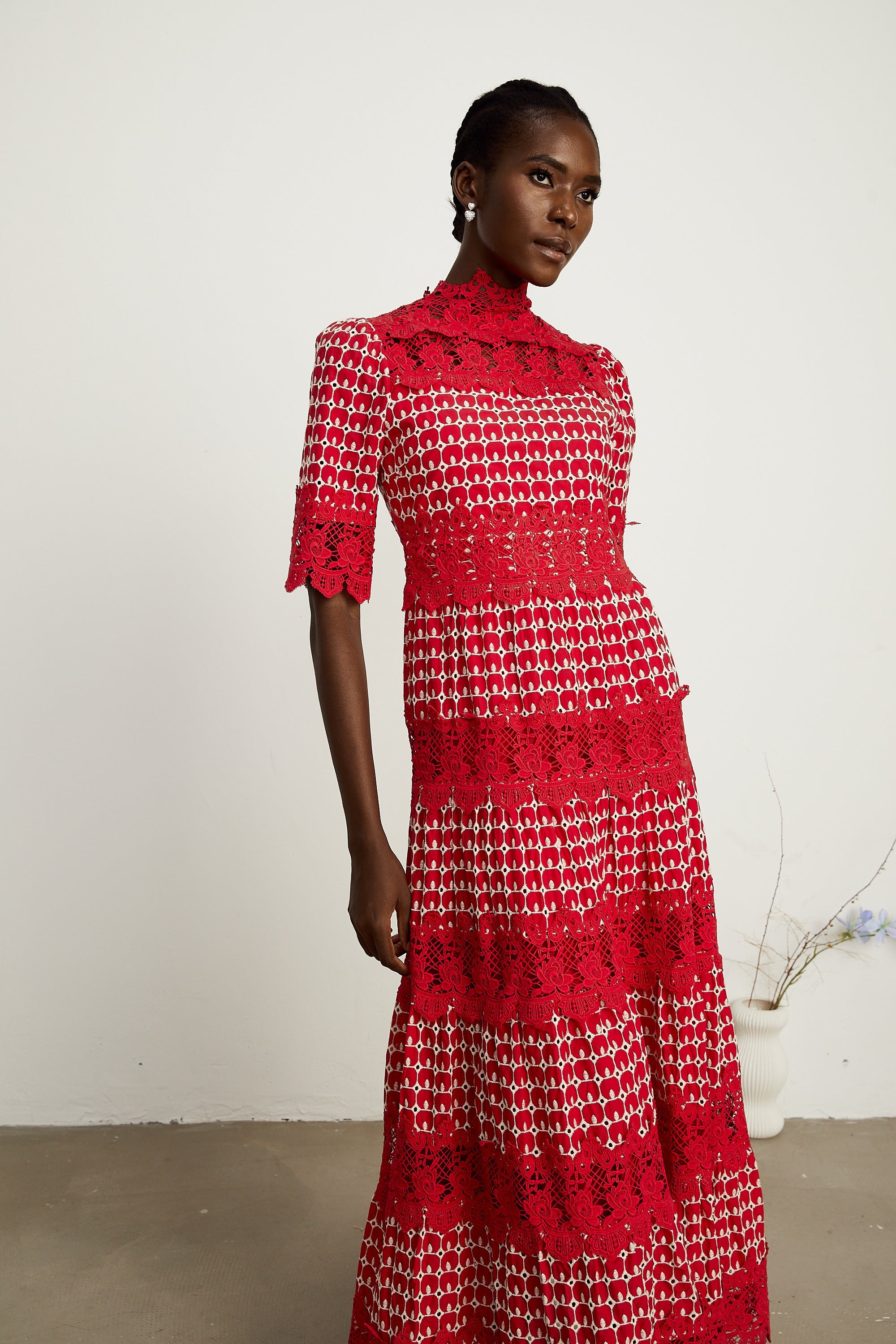 Chantal red scallop-pattern lace-panel maxi dress