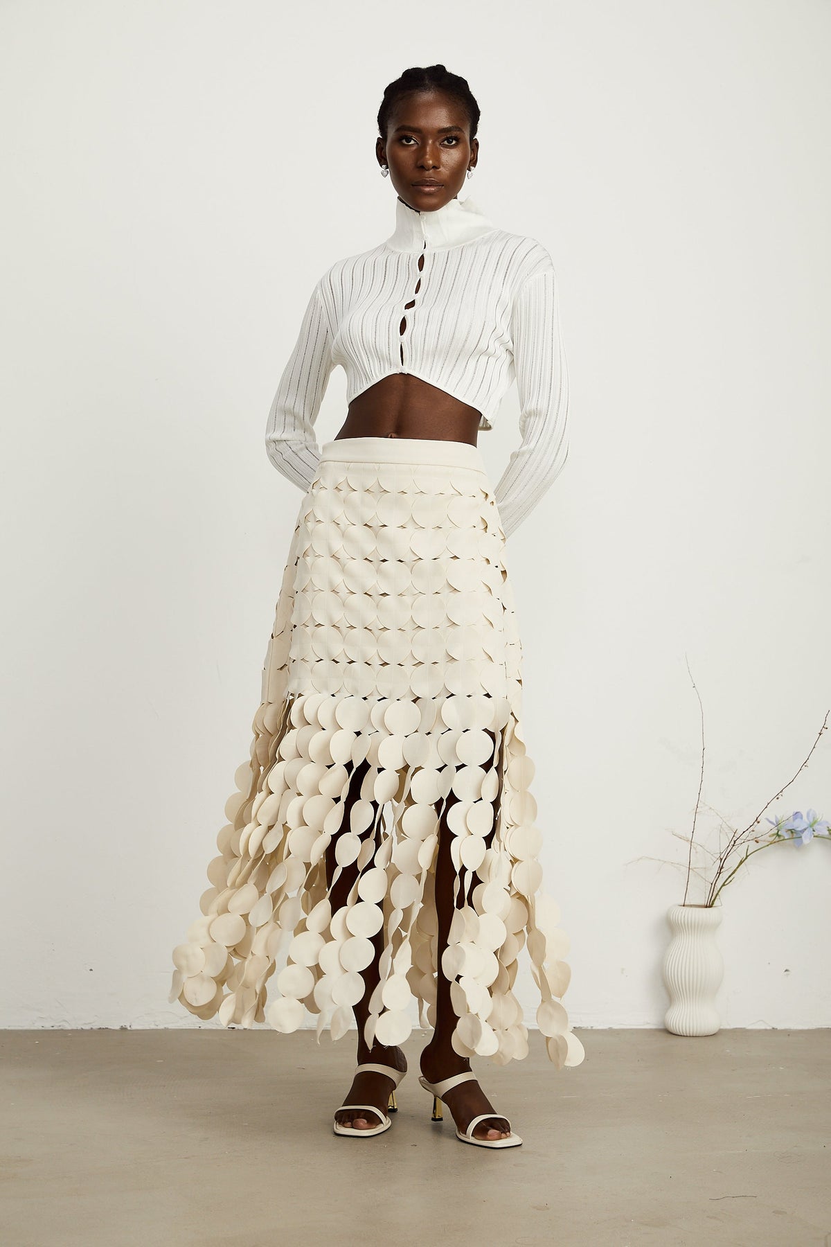 Hanna disc-design fringed maxi skirt in Neutrals (Final Sale)