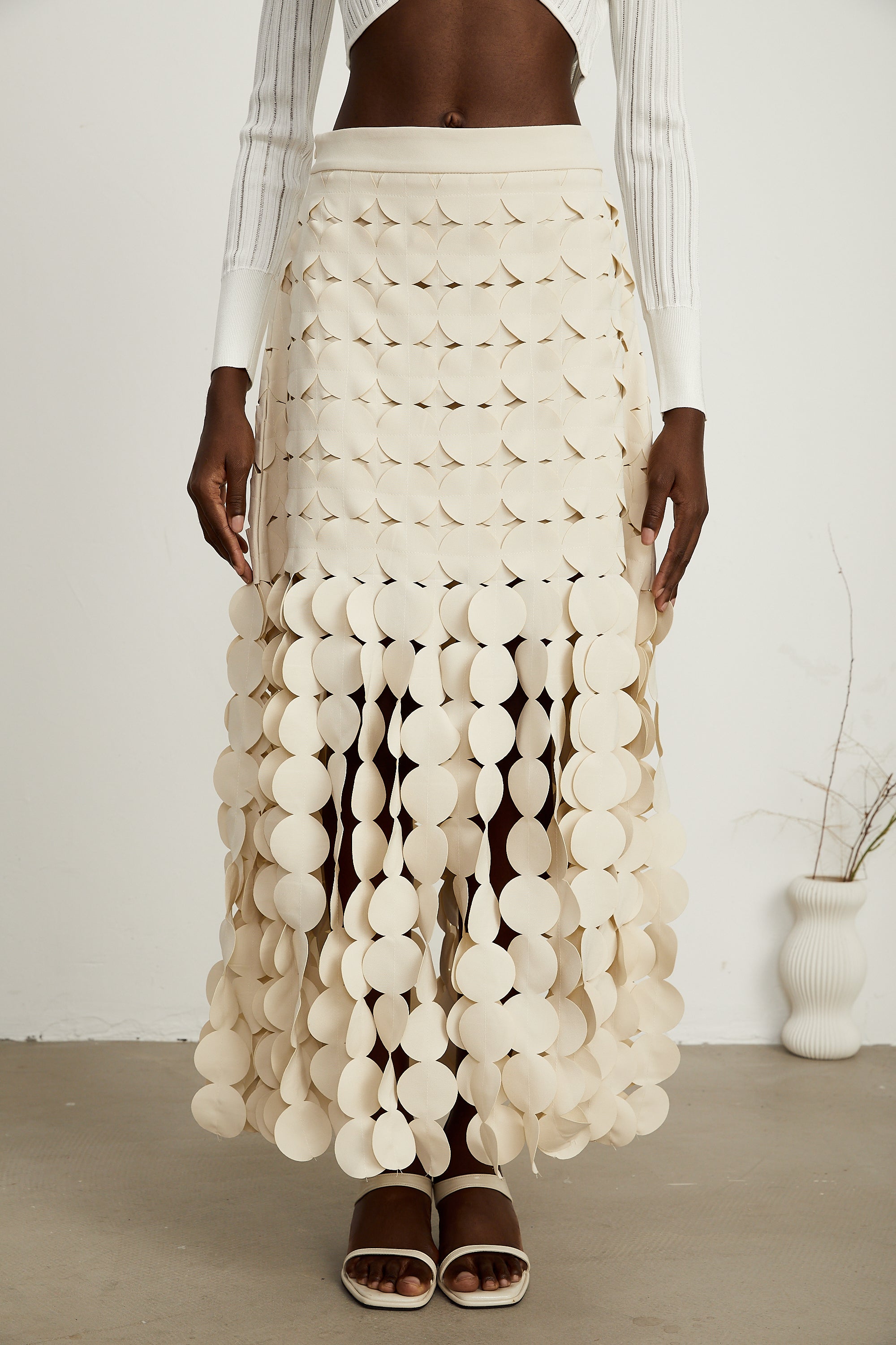 Hanna disc-design fringed maxi skirt in Neutrals
