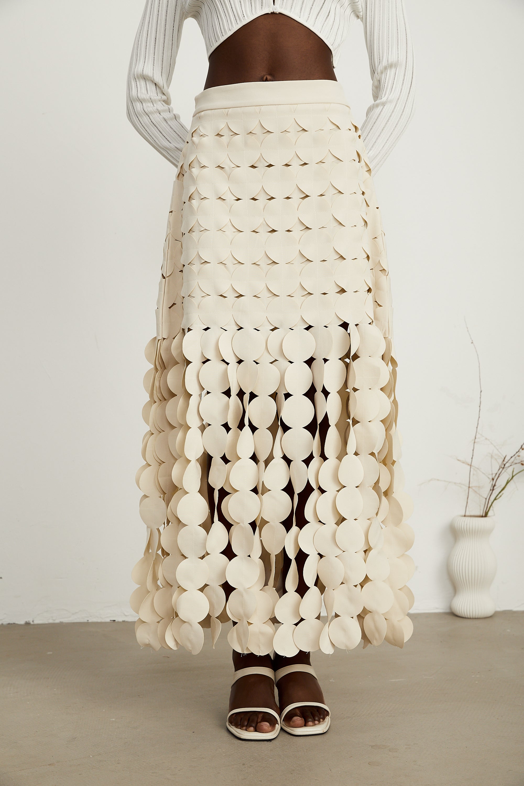 Hanna disc-design fringed maxi skirt in Neutrals