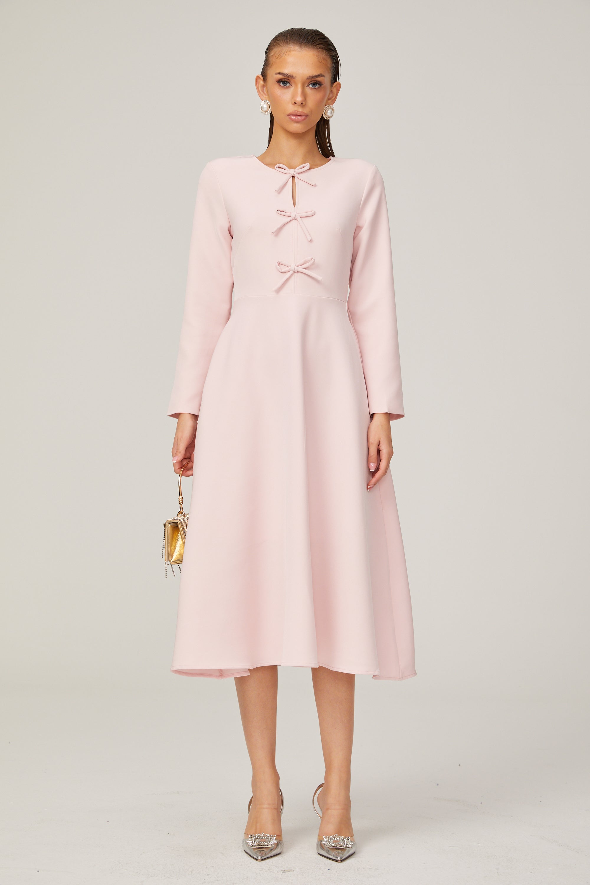 Elise pink bow-detail split-neck midi dress (Final Sale-US Only)