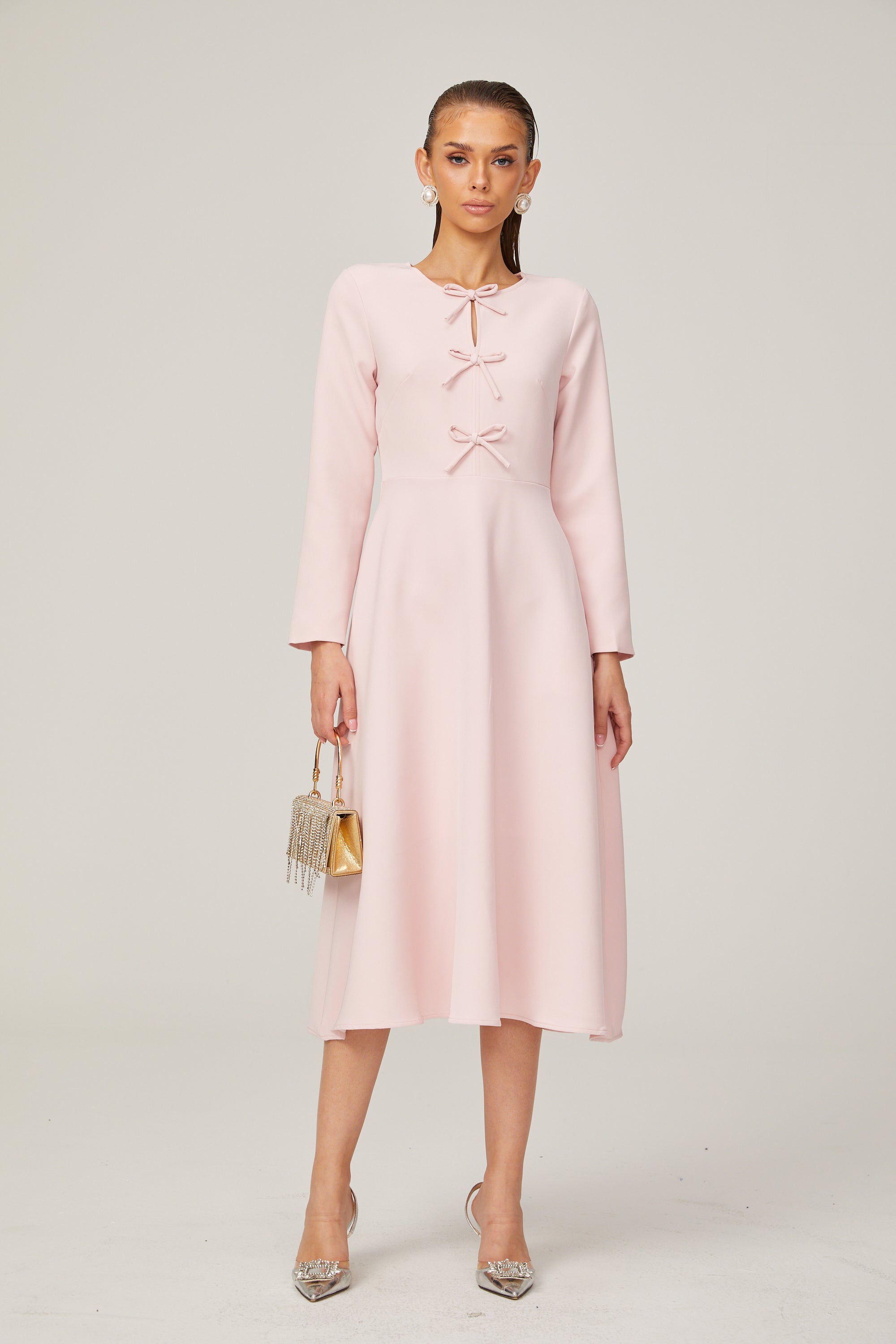Elise pink bow-detail split-neck midi dress (Final Sale-US Only)