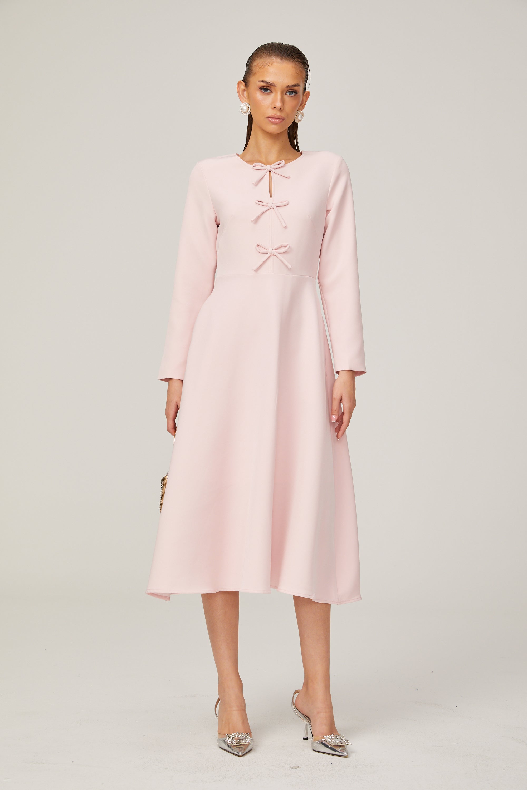 Elise pink bow-detail split-neck midi dress (Final Sale-US Only)