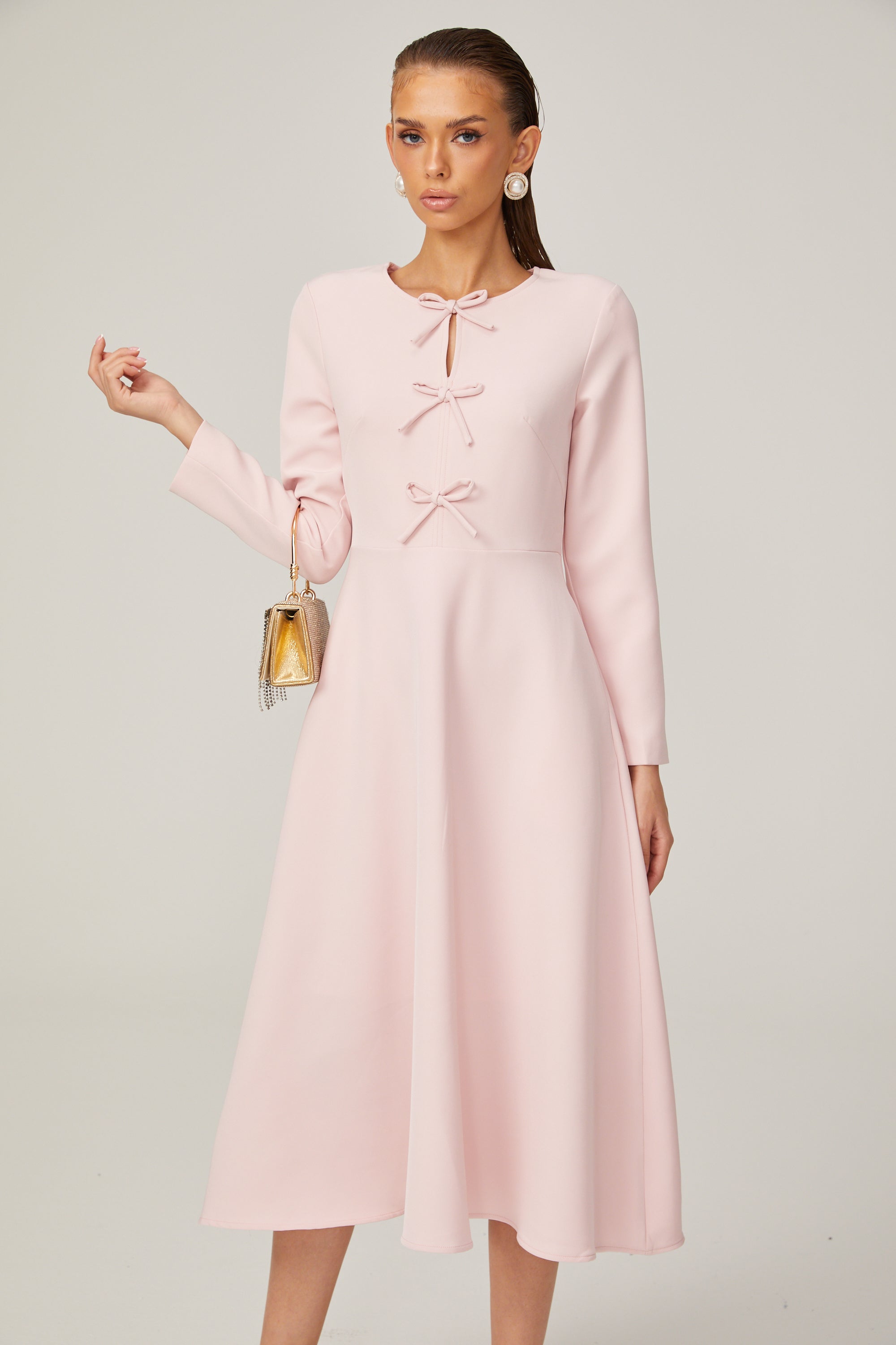 Elise pink bow-detail split-neck midi dress (Final Sale-US Only)