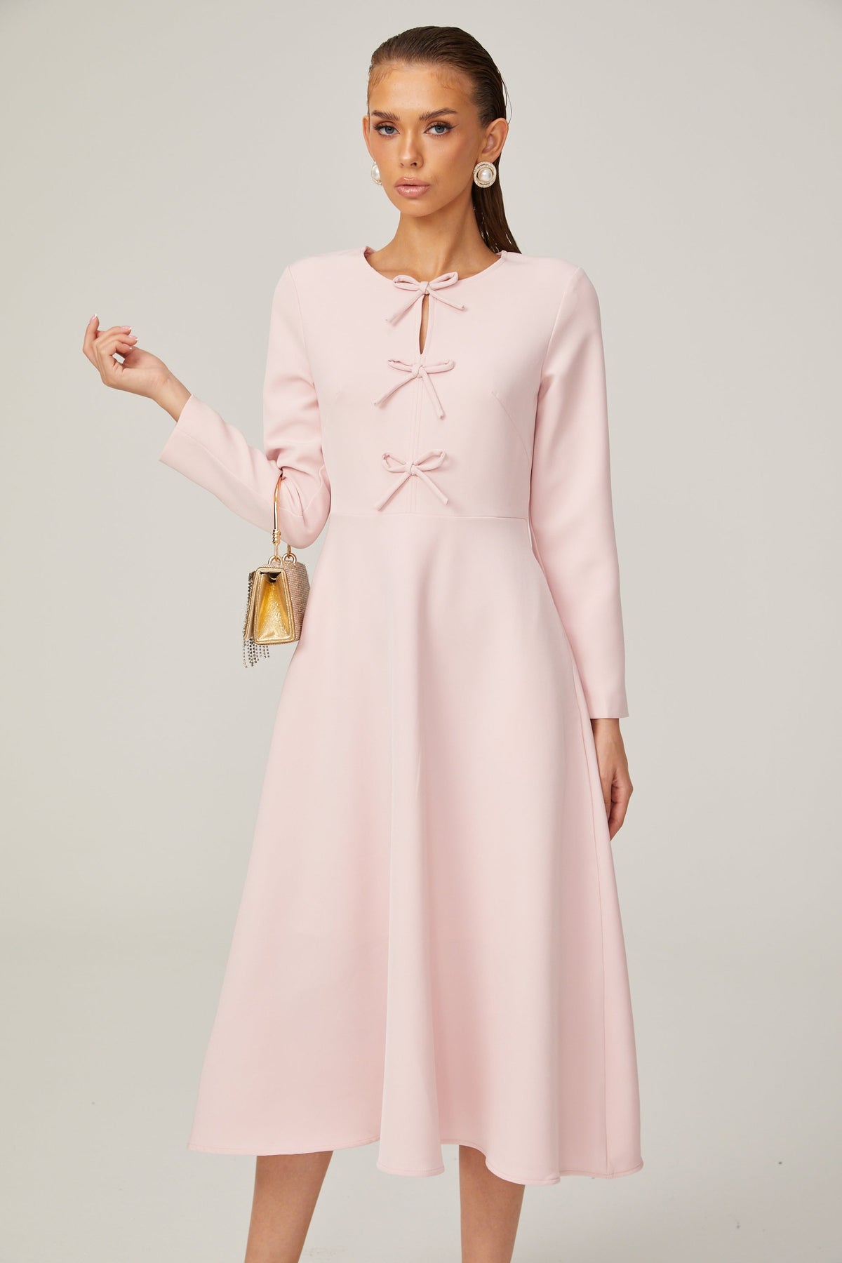 Elise pink bow-detail split-neck midi dress (Final Sale-US Only)