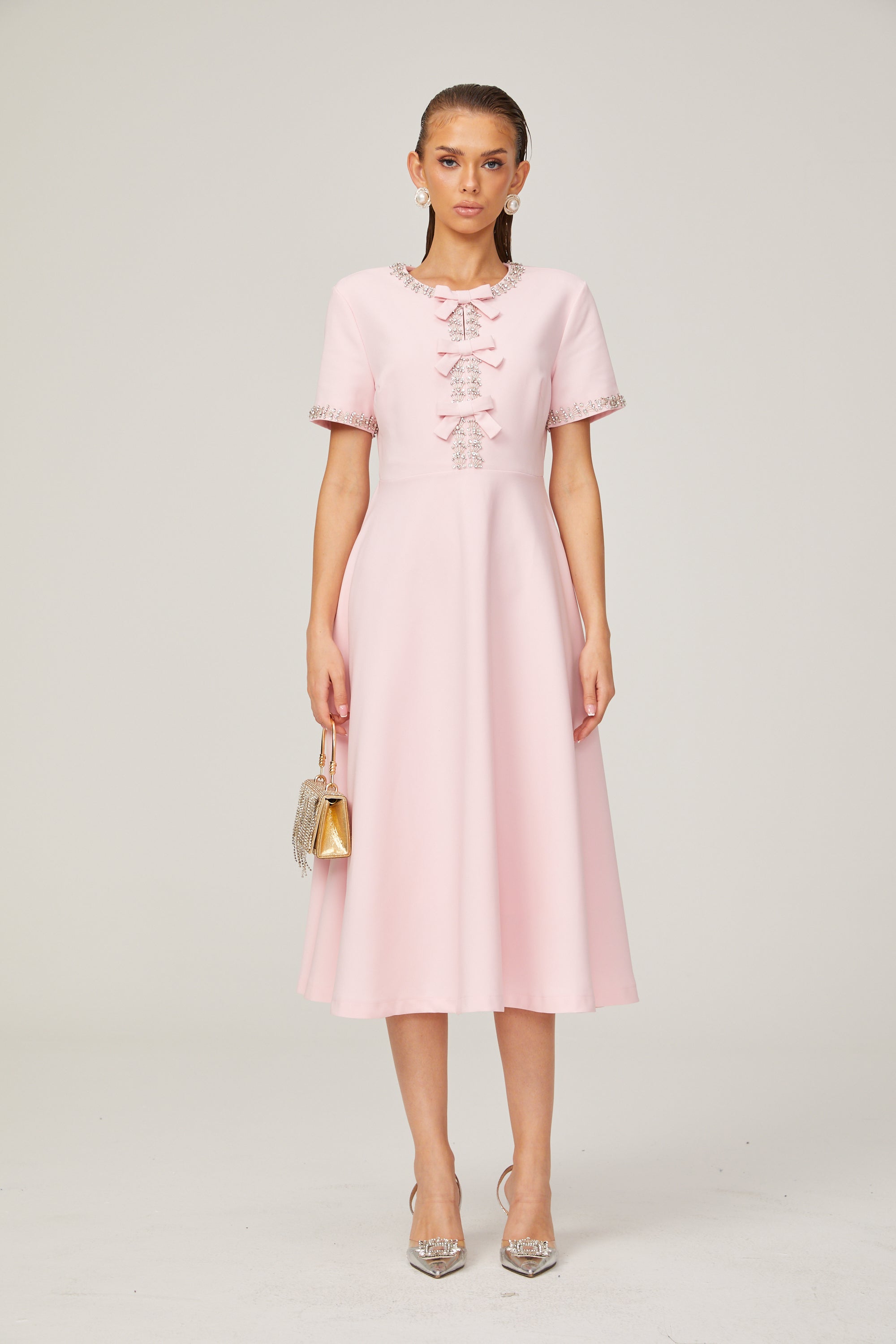 Cassiopeia crystal-accented pink bow midi dress (Final Sale-US Only)