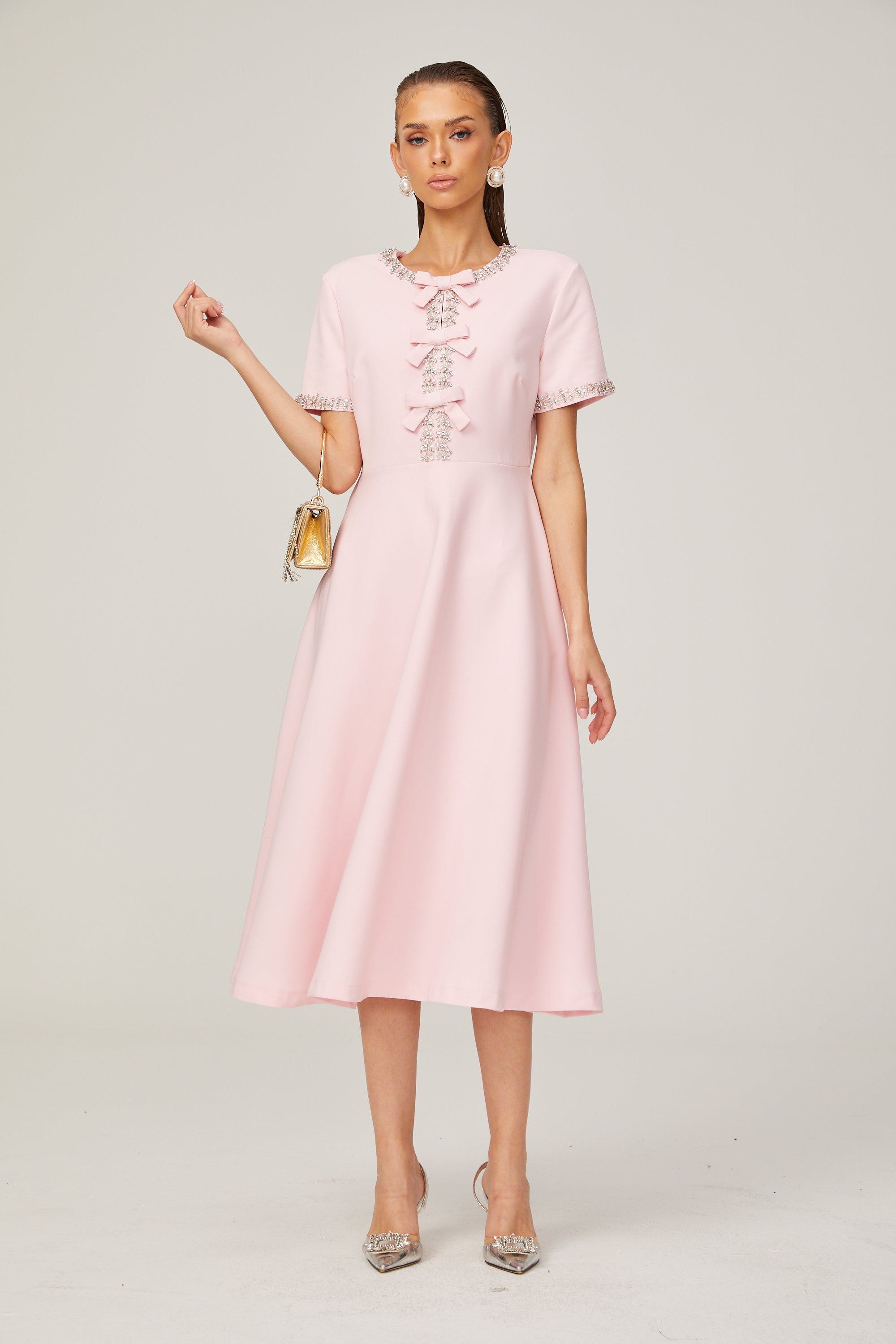 Cassiopeia crystal-accented pink bow midi dress (Final Sale-US Only)