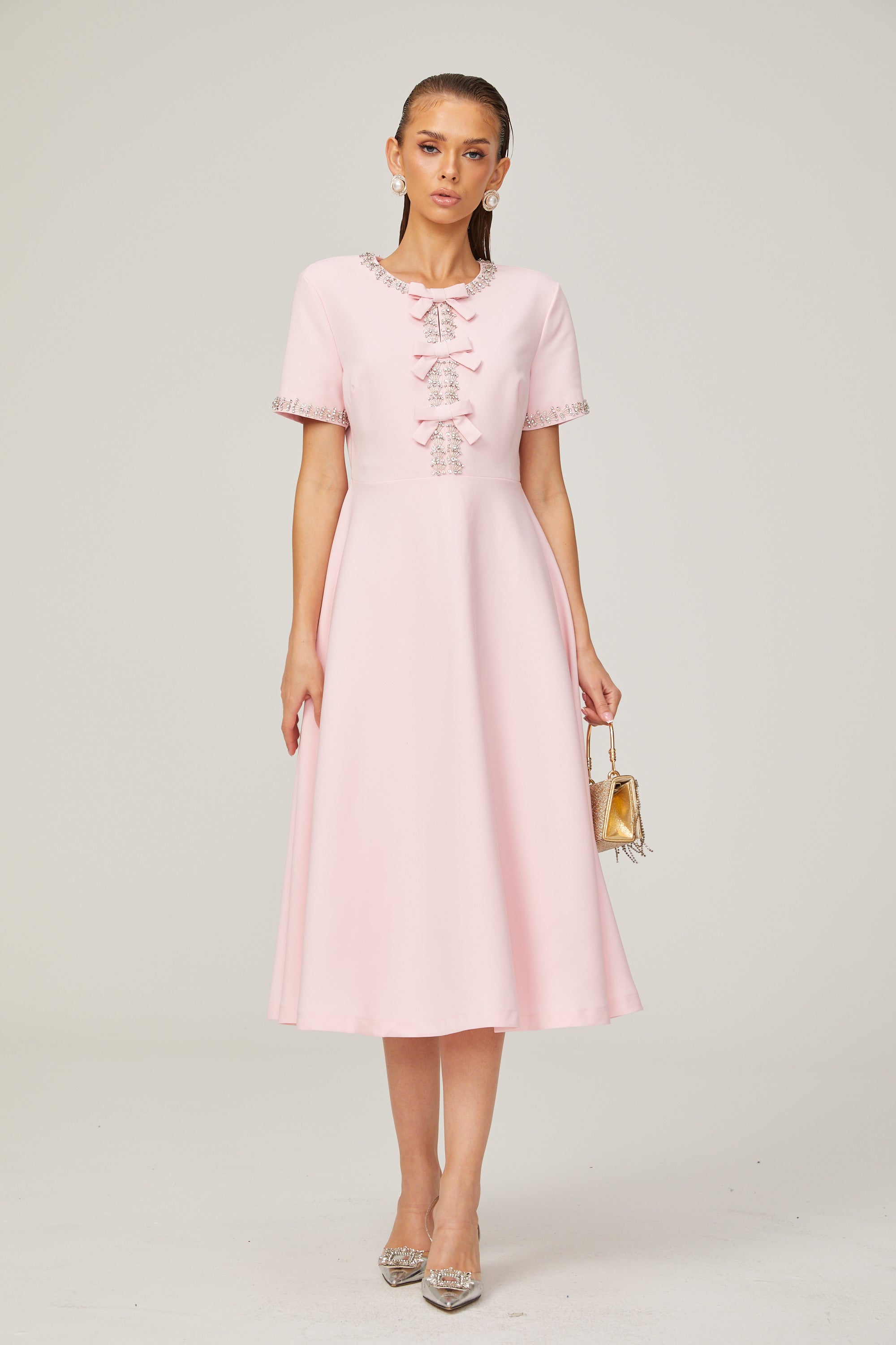 Cassiopeia crystal-accented pink bow midi dress (Final Sale-US Only)