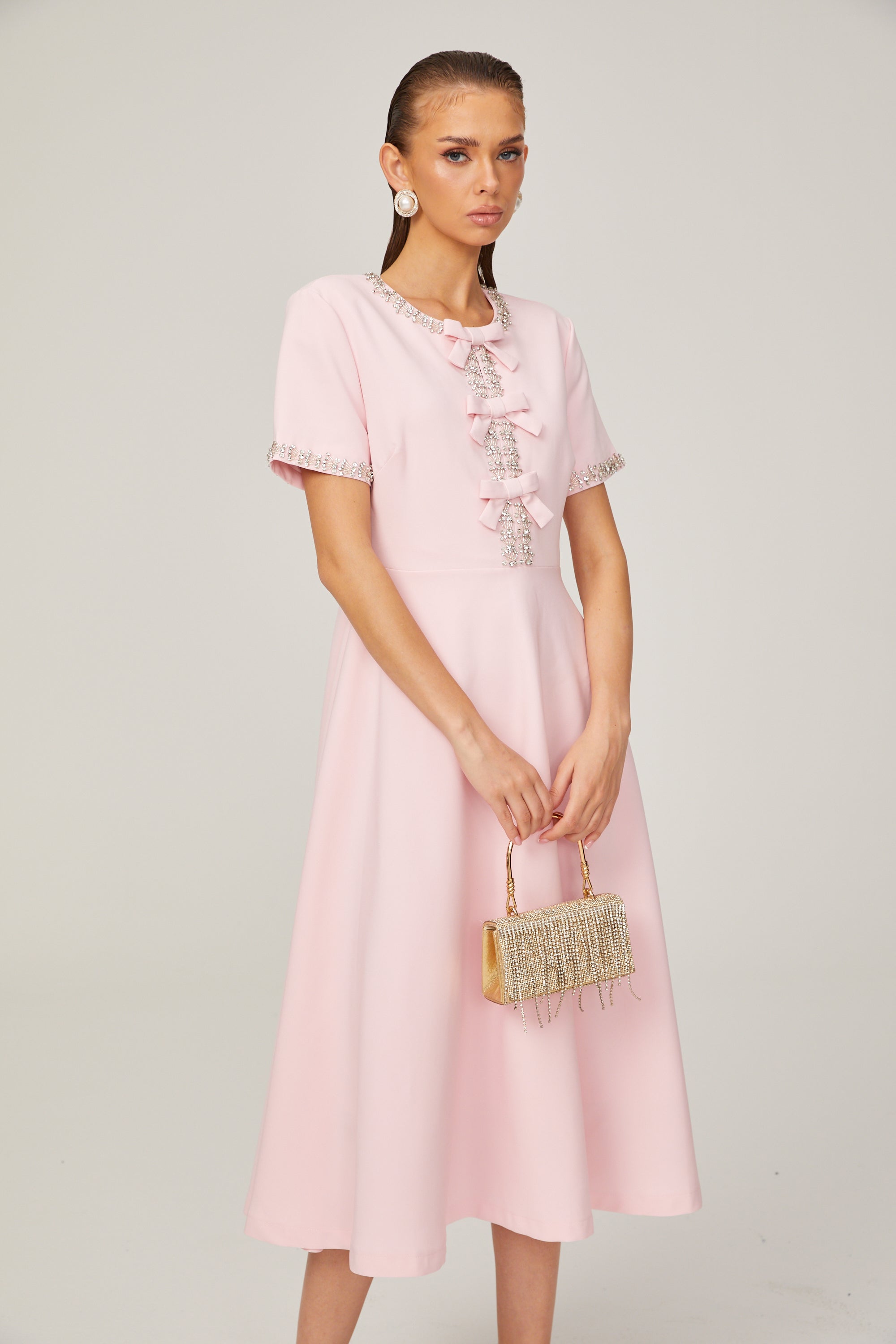 Cassiopeia crystal-accented pink bow midi dress (Final Sale-US Only)