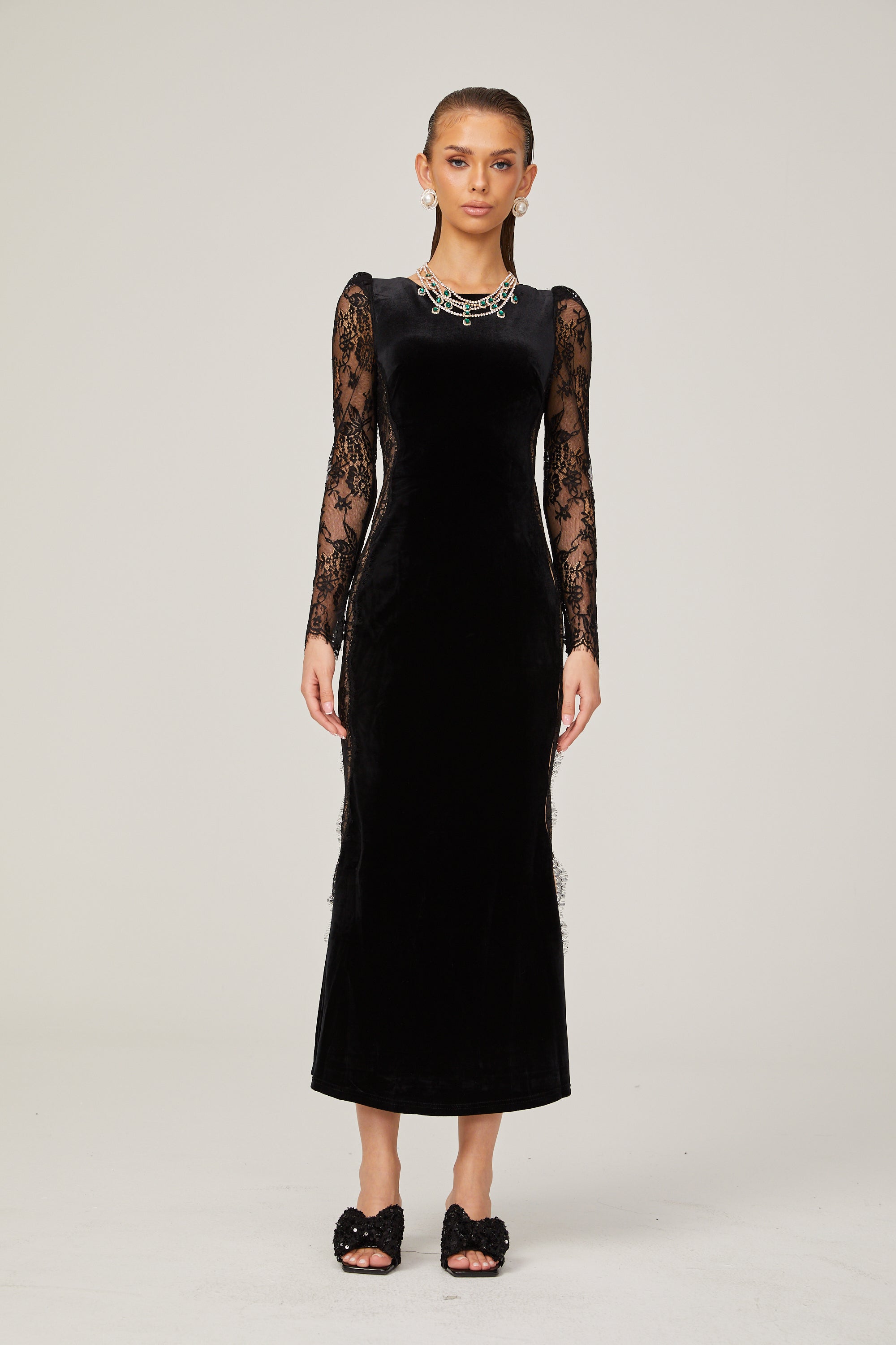 Hilaire black lace-panel open-back velvet midi dress (US Only)