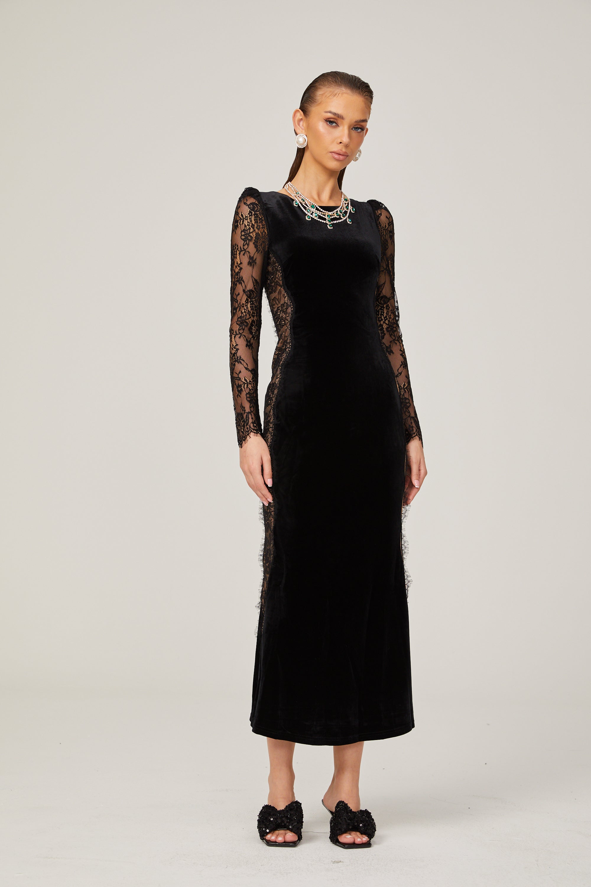 Hilaire black lace-panel open-back velvet midi dress (US Only)