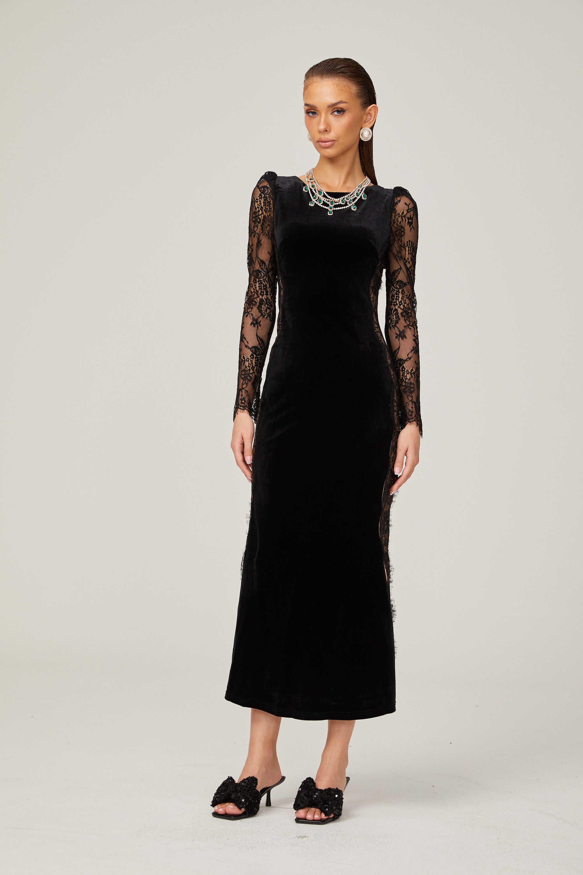 Hilaire black lace-panel open-back velvet midi dress (US Only)