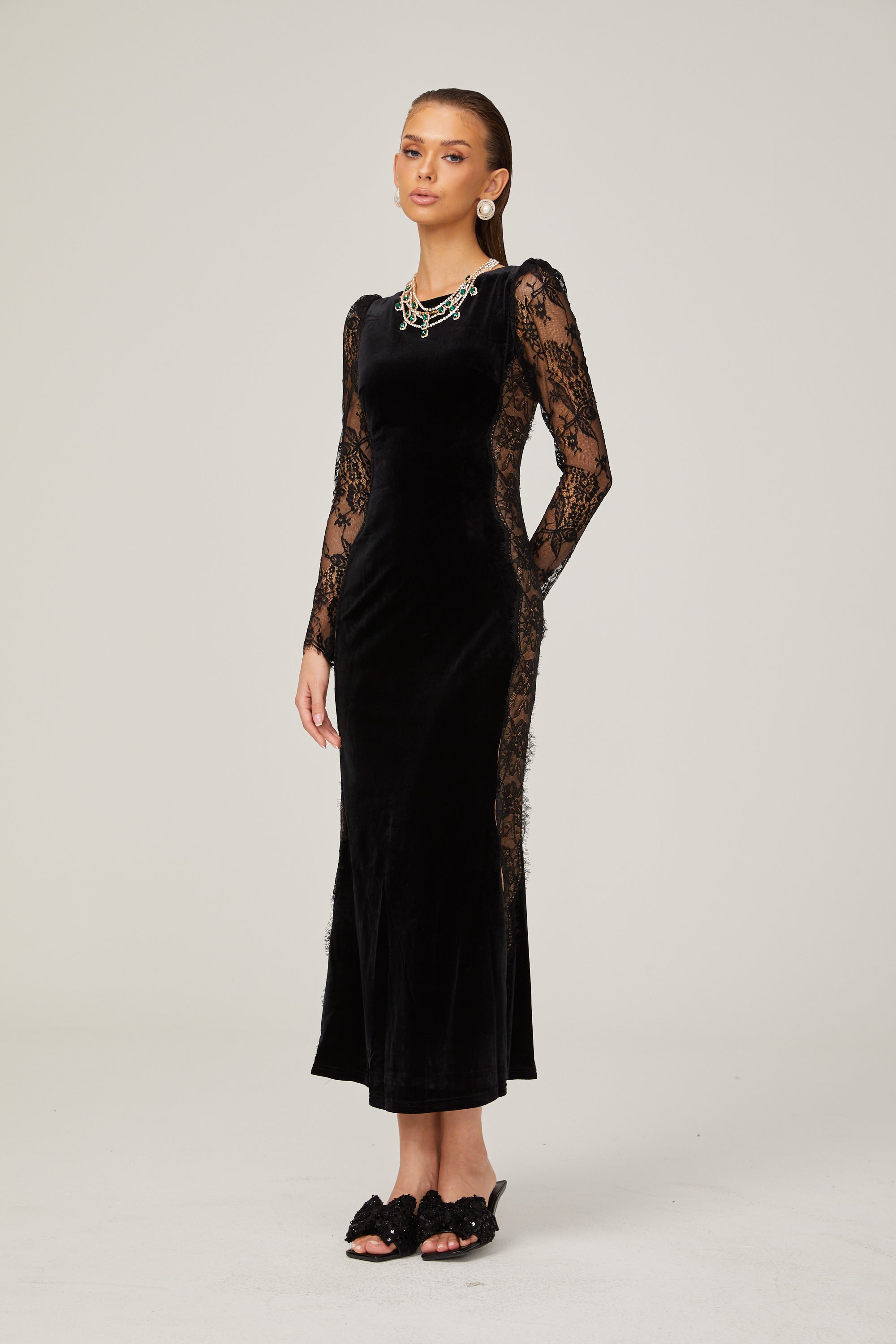 Hilaire black lace-panel open-back velvet midi dress (US Only)