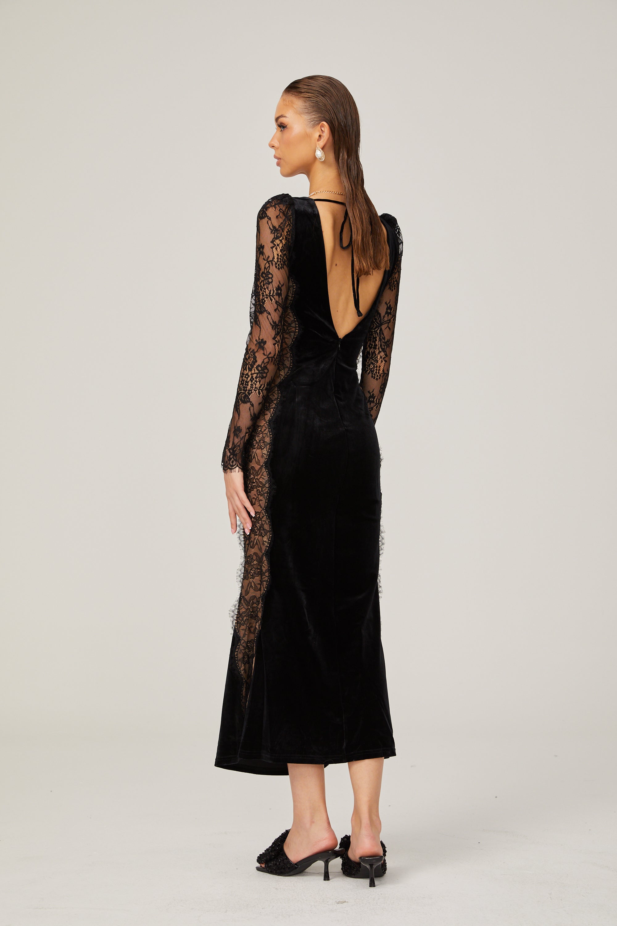 Hilaire black lace-panel open-back velvet midi dress (US Only)