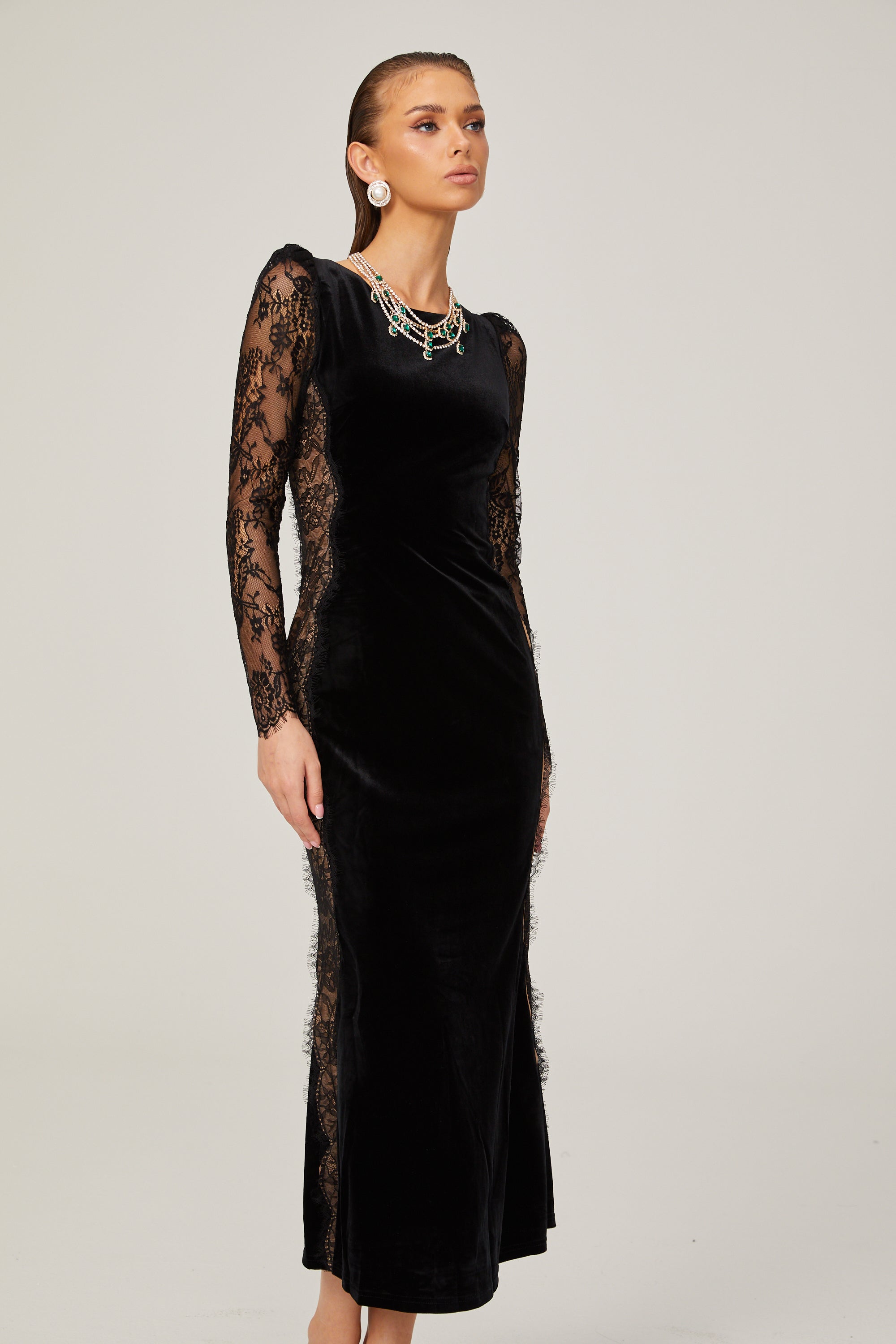 Hilaire black lace-panel open-back velvet midi dress (US Only)