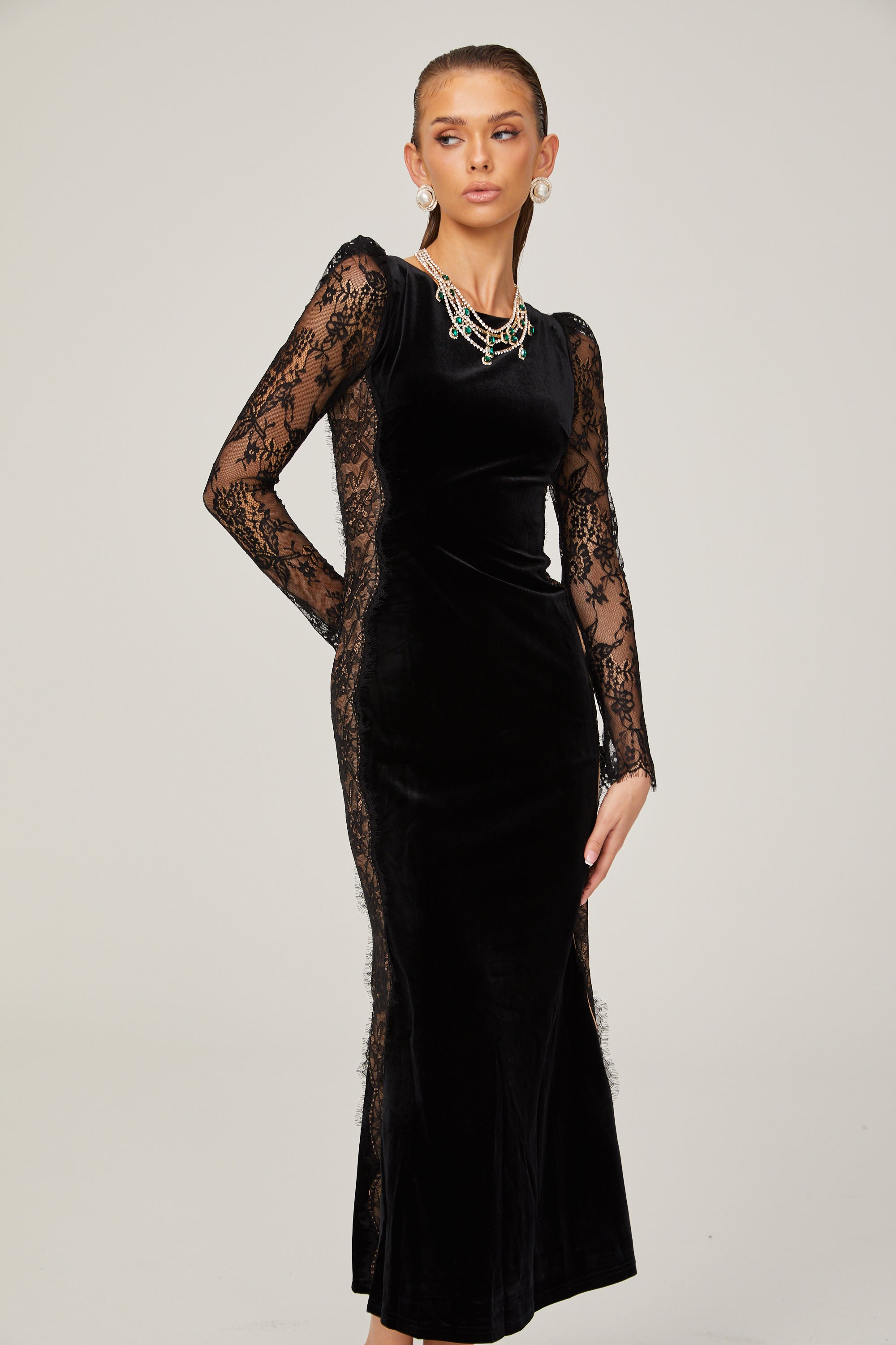 Hilaire black lace-panel open-back velvet midi dress (US Only)