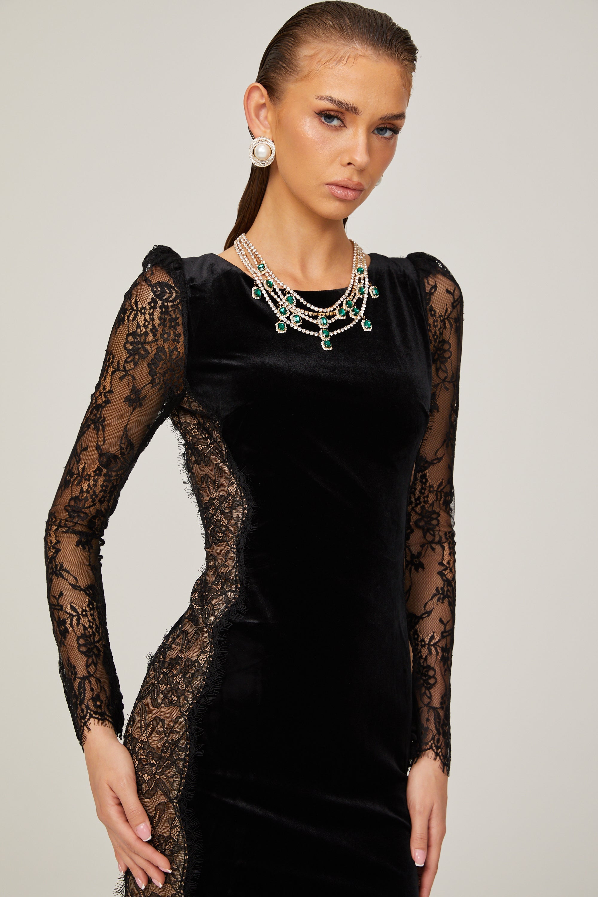 Hilaire black lace-panel open-back velvet midi dress (US Only)