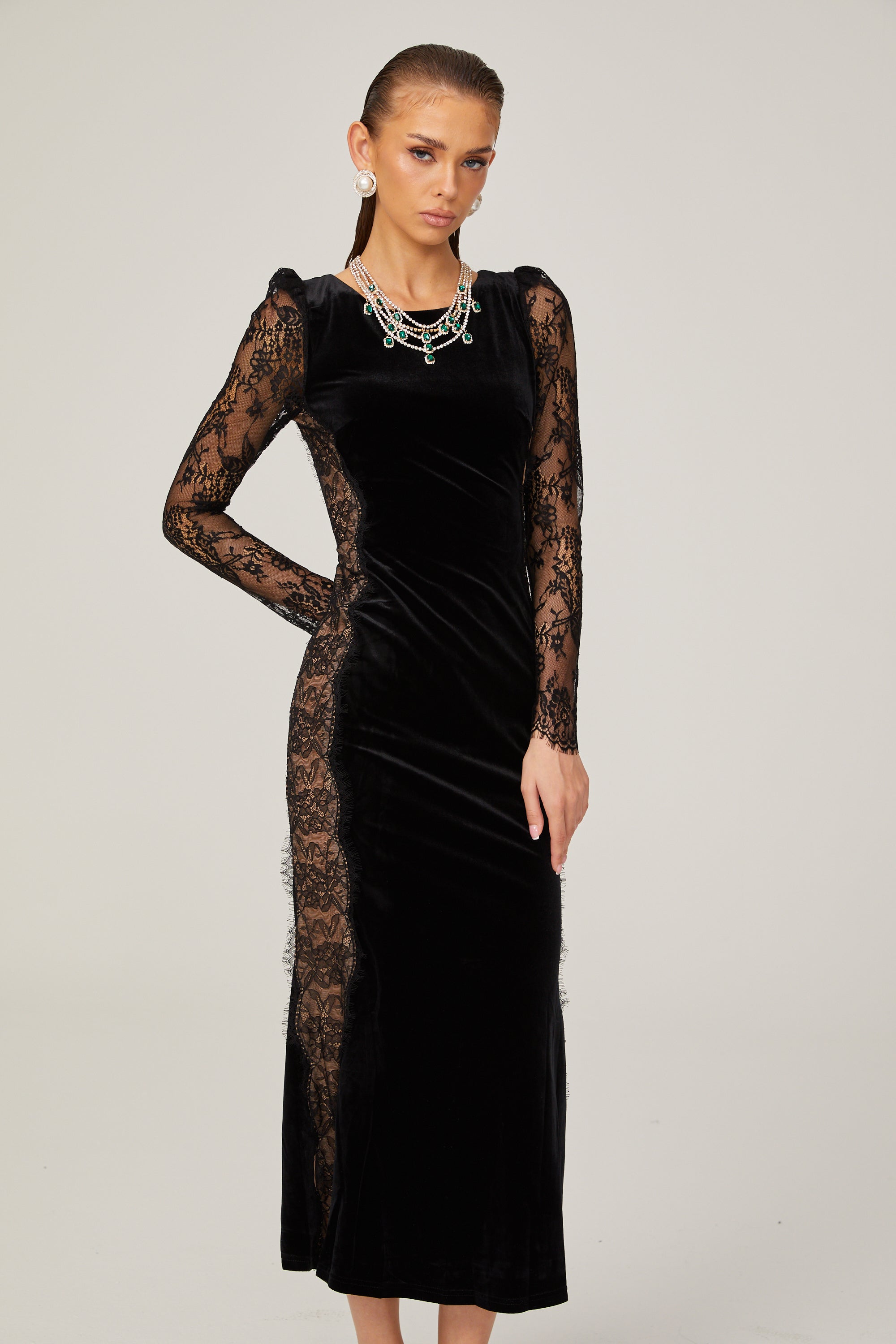 Hilaire black lace-panel open-back velvet midi dress (US Only)