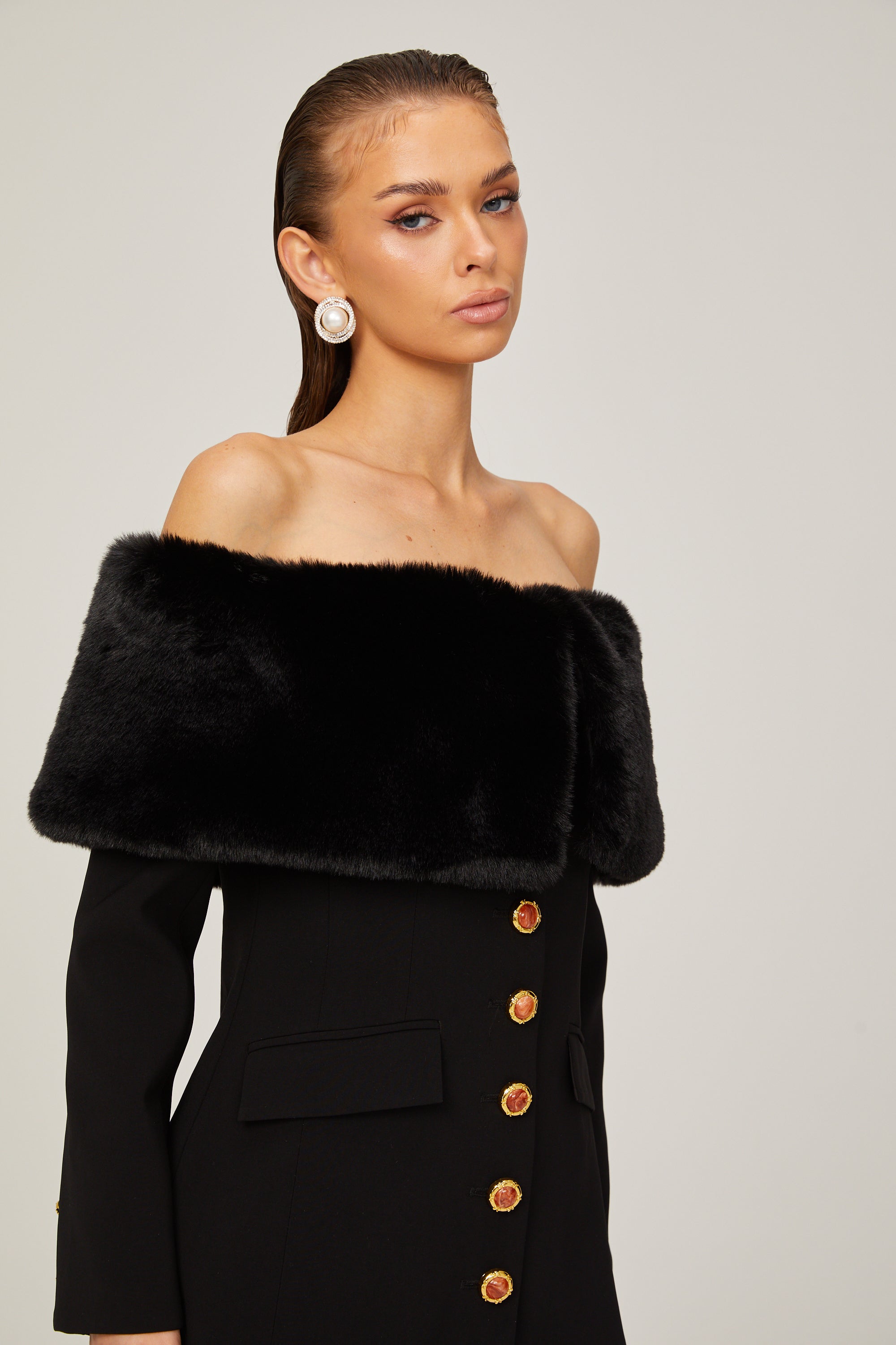 Céline black faux-fur off-shoulder mini dress (US Only)