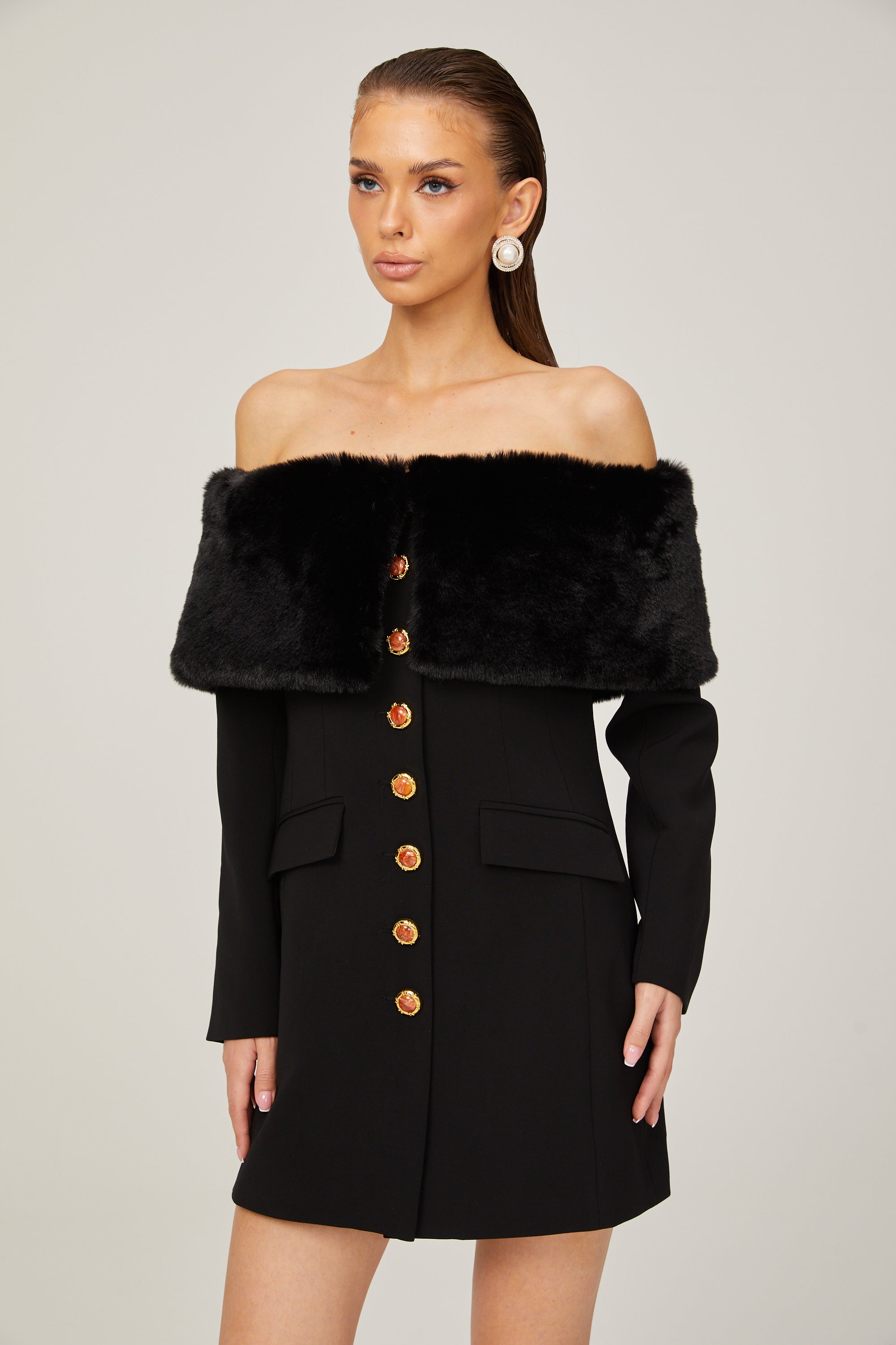 Céline black faux-fur off-shoulder mini dress (US Only)
